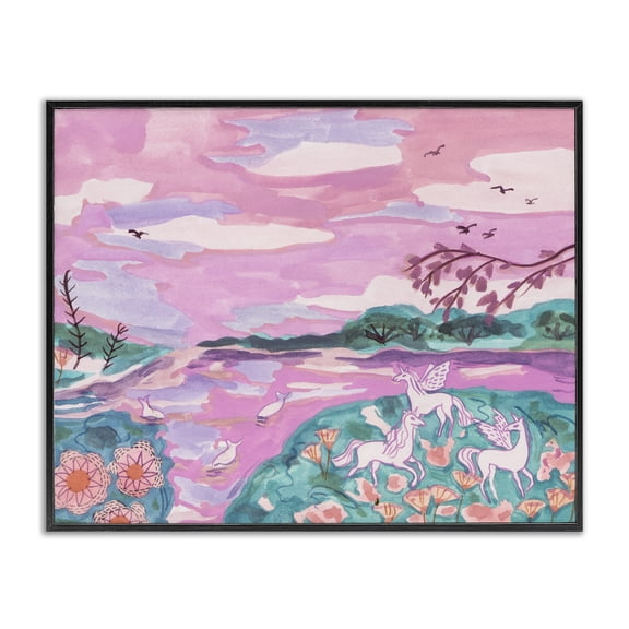 Stupell Industries Pink Whimsical Unicorns Fantasy & Sci-Fi Painting Black Framed Art Print Wall Art, 14 x 11