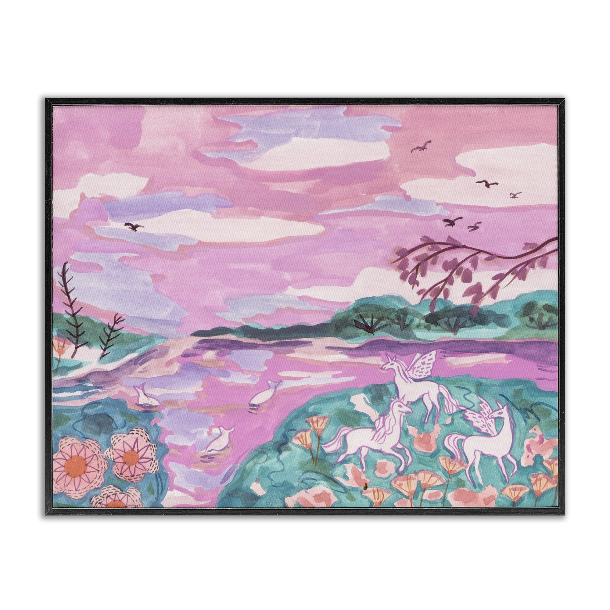 Stupell Industries Pink Whimsical Unicorns Fantasy & Sci-Fi Painting Black Framed Art Print Wall Art, 20 x 16