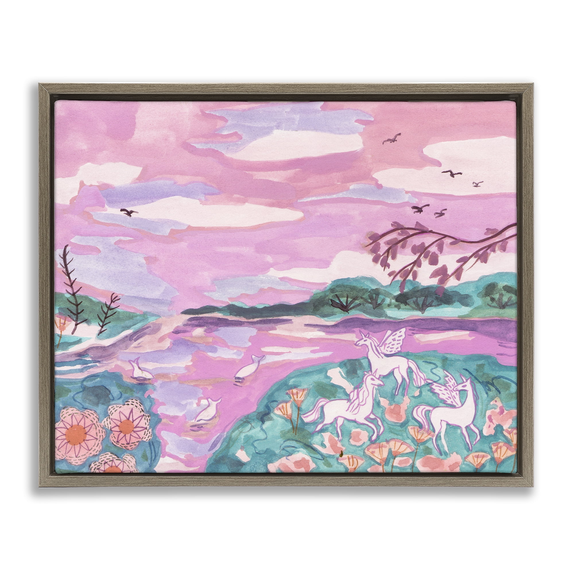 Stupell Industries Pink Whimsical Unicorns Fantasy & Sci-Fi Painting Brown Floater Framed Canvas Art Print Wall Art, 21 x 17