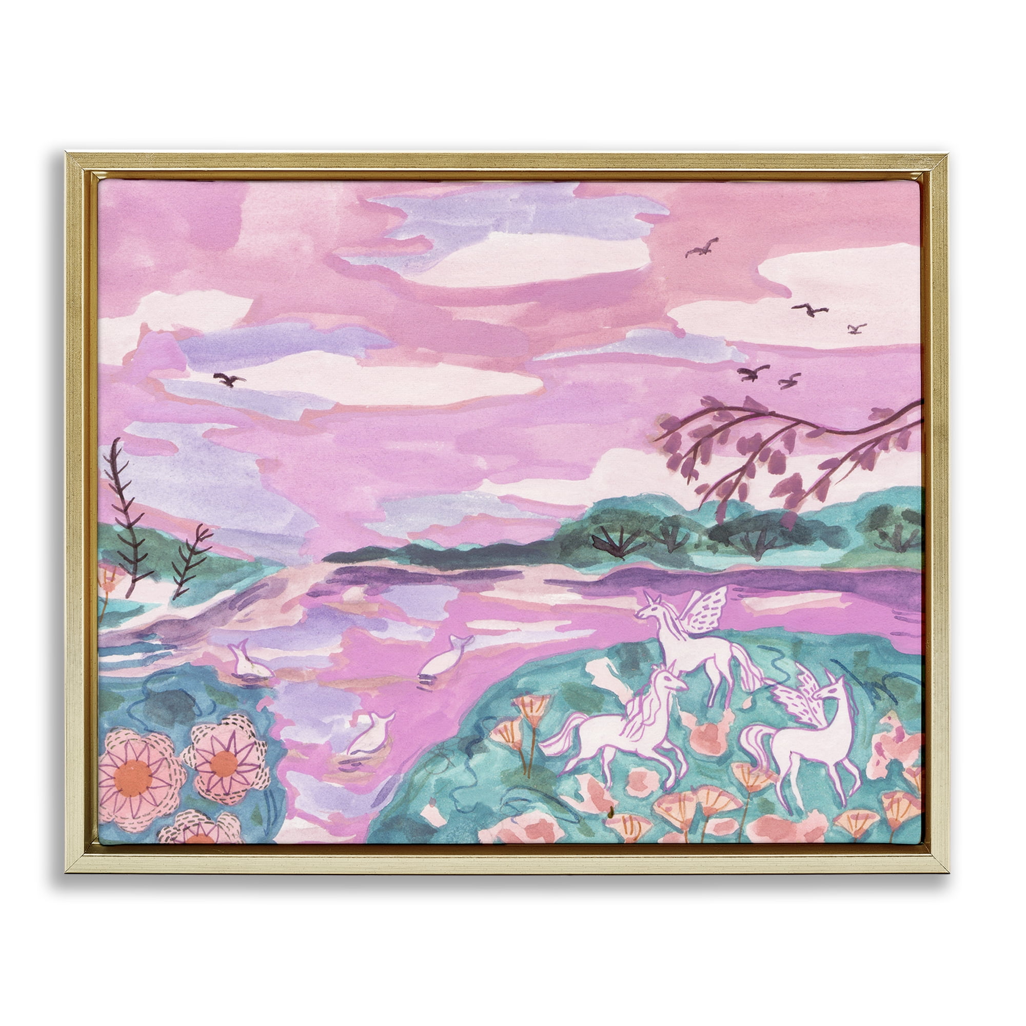 Stupell Industries Pink Whimsical Unicorns Fantasy & Sci-Fi Painting Gold Floater Framed Canvas Art Print Wall Art, 21 x 17