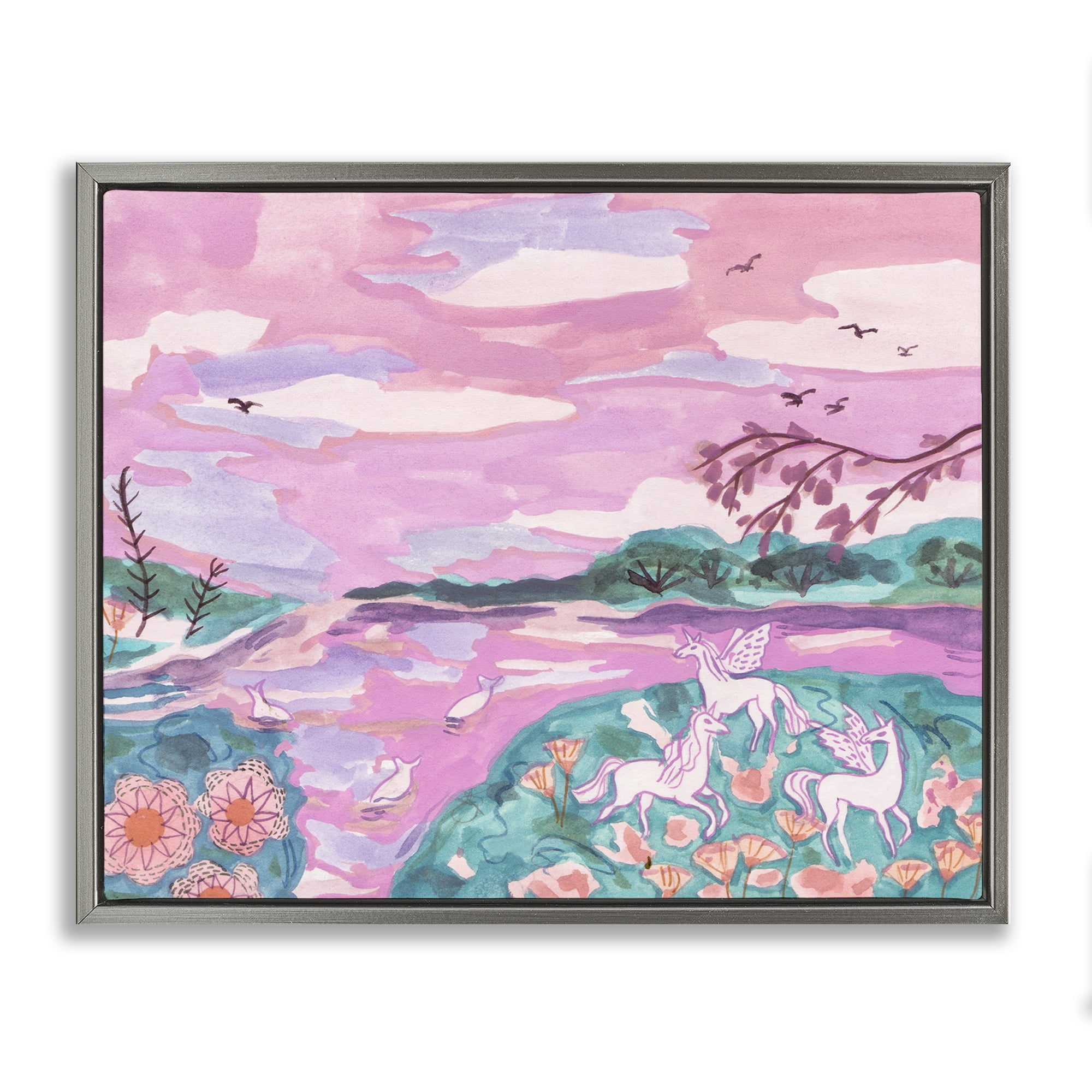 Stupell Industries Pink Whimsical Unicorns Fantasy & Sci-Fi Painting Gray Floater Framed Canvas Art Print Wall Art, 21 x 17