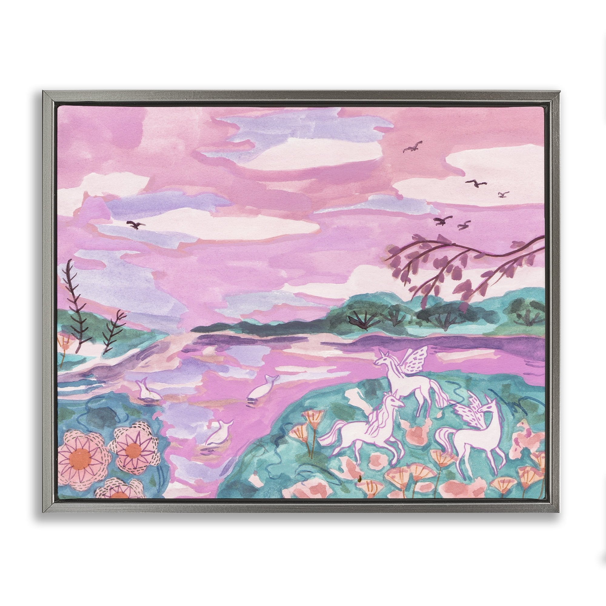 Stupell Industries Pink Whimsical Unicorns Fantasy & Sci-Fi Painting Gray Floater Framed Canvas Art Print Wall Art, 31 x 25