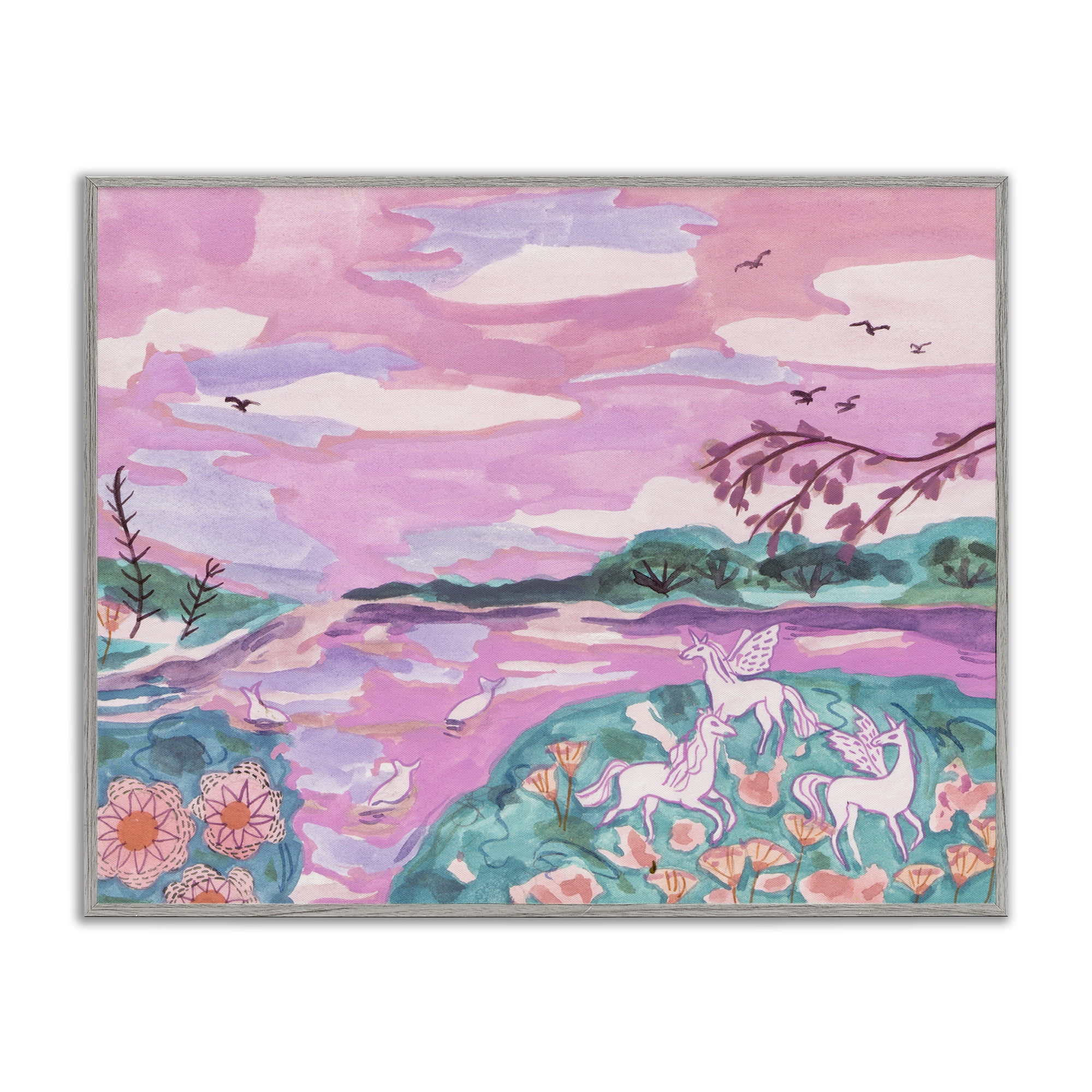 Stupell Industries Pink Whimsical Unicorns Fantasy & Sci-Fi Painting Gray Framed Art Print Wall Art, 30 x 24