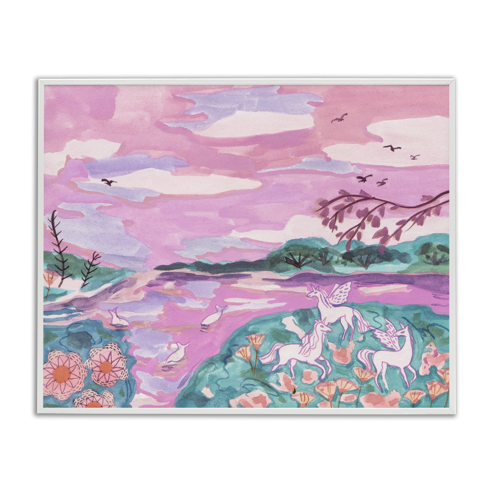 Stupell Industries Pink Whimsical Unicorns Fantasy & Sci-Fi Painting White Framed Art Print Wall Art, 20 x 16