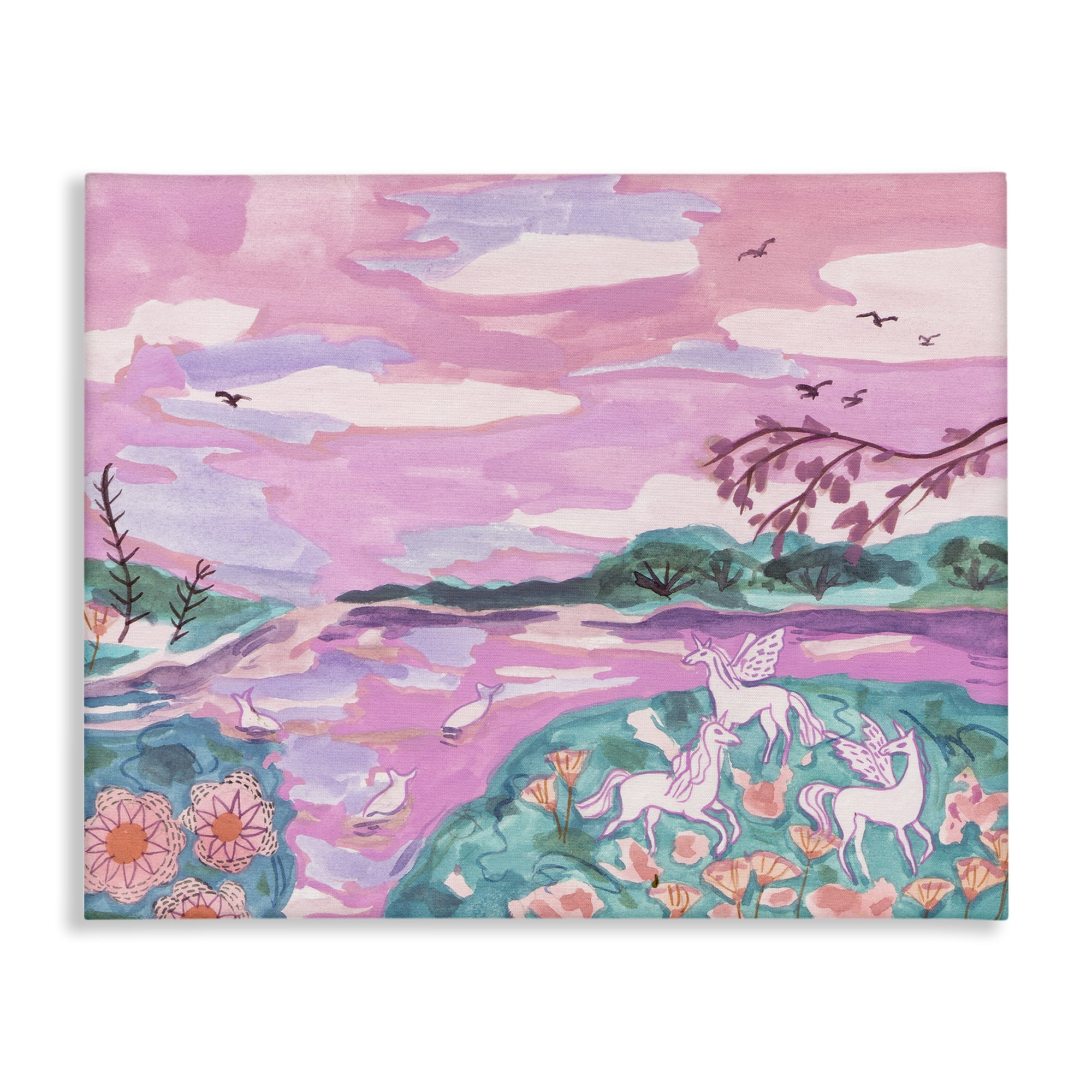 Stupell Industries Pink Whimsical Unicorns Fantasy & Sci-Fi Painting Wrapped Canvas Art Print Wall Art, 48 x 36