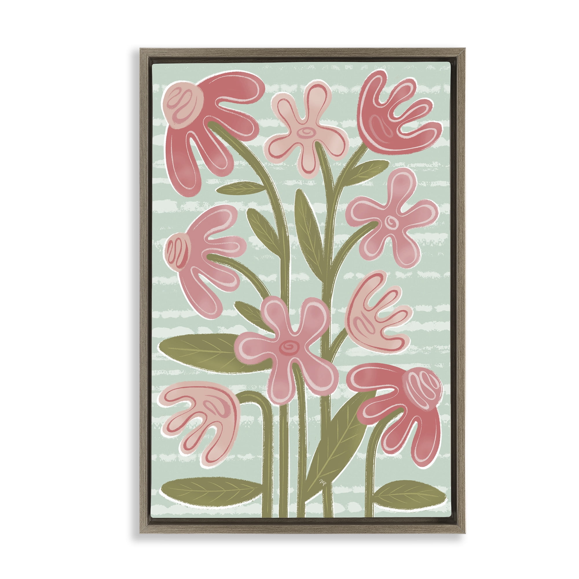 Stupell Industries Pink Whimsy Midcentury Flowers Brown Framed Floater Canvas Wall Art, design by Martina Pavlova