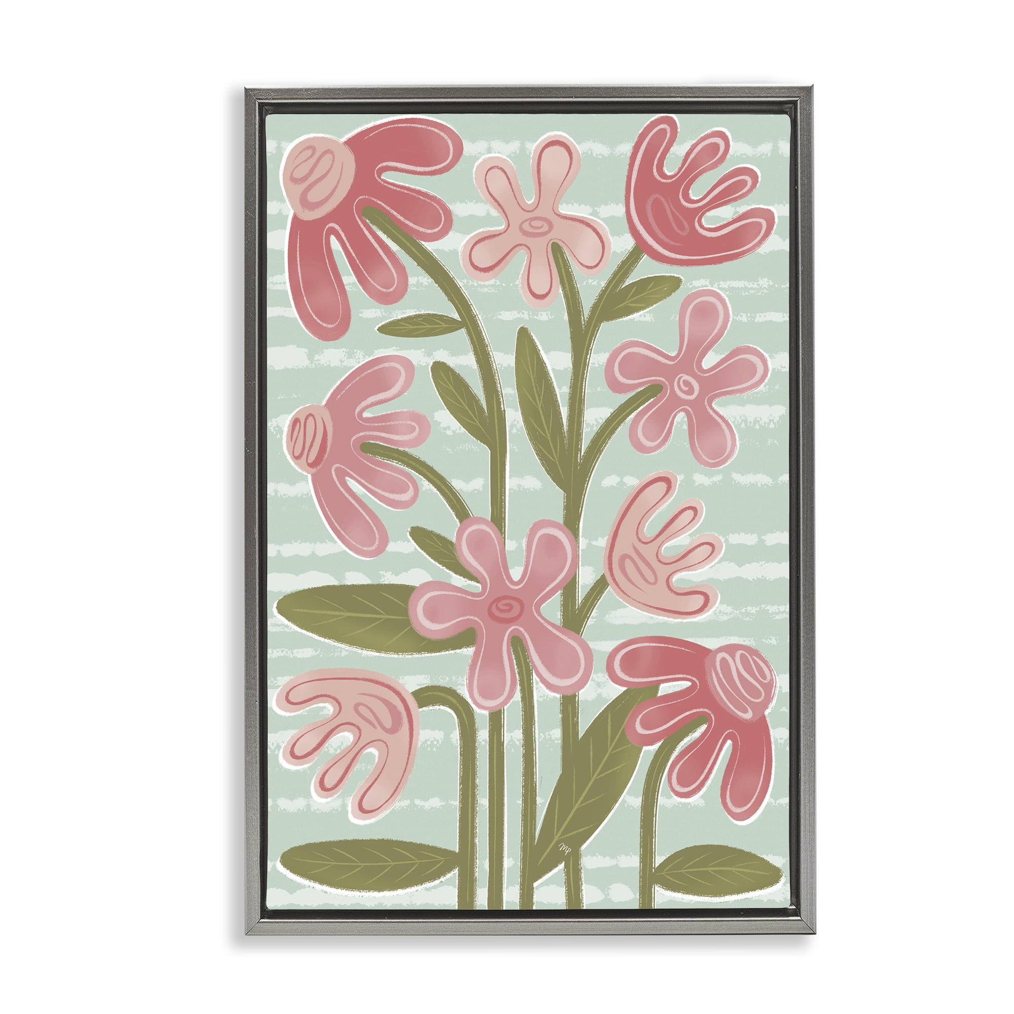 Stupell Industries Pink Whimsy Midcentury Flowers Gray Framed Floater Canvas Wall Art, design by Martina Pavlova