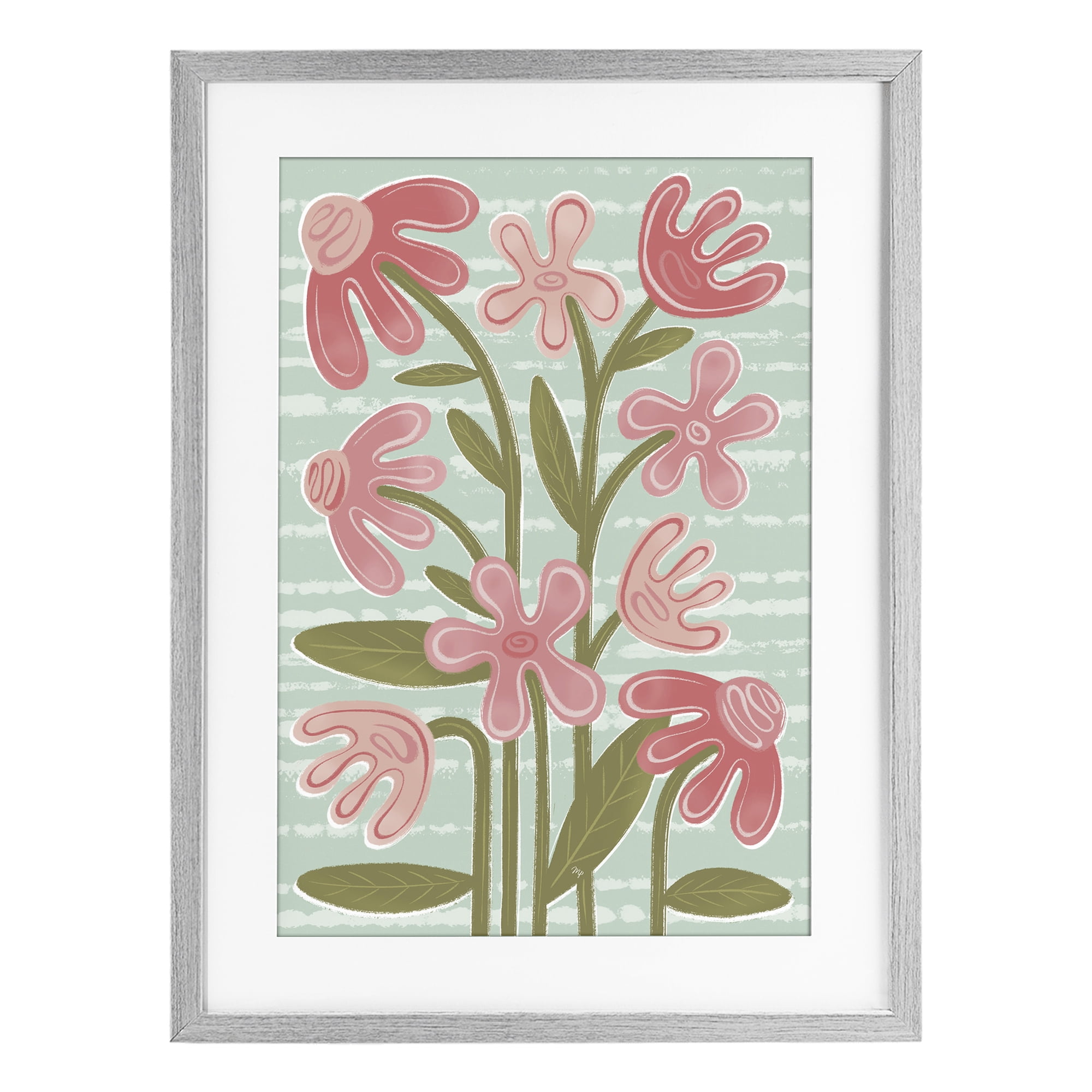 Stupell Industries Pink Whimsy Midcentury Flowers Gray Framed Print Under Glass, design by Martina Pavlova
