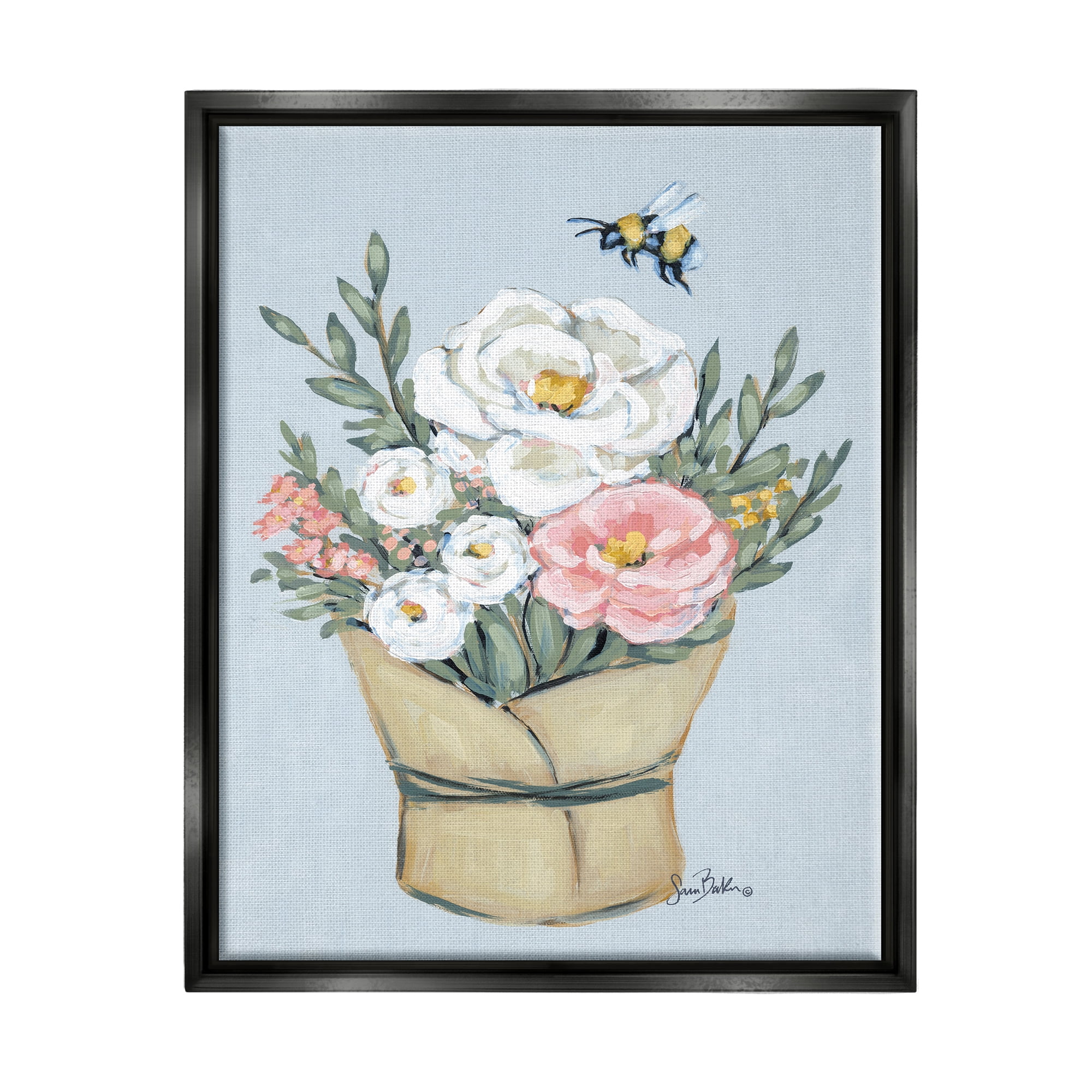 Stupell Industries Pink & White Bouquet Botanical & Floral Painting Black Floater Framed Art Print Wall Art, 25 x 31