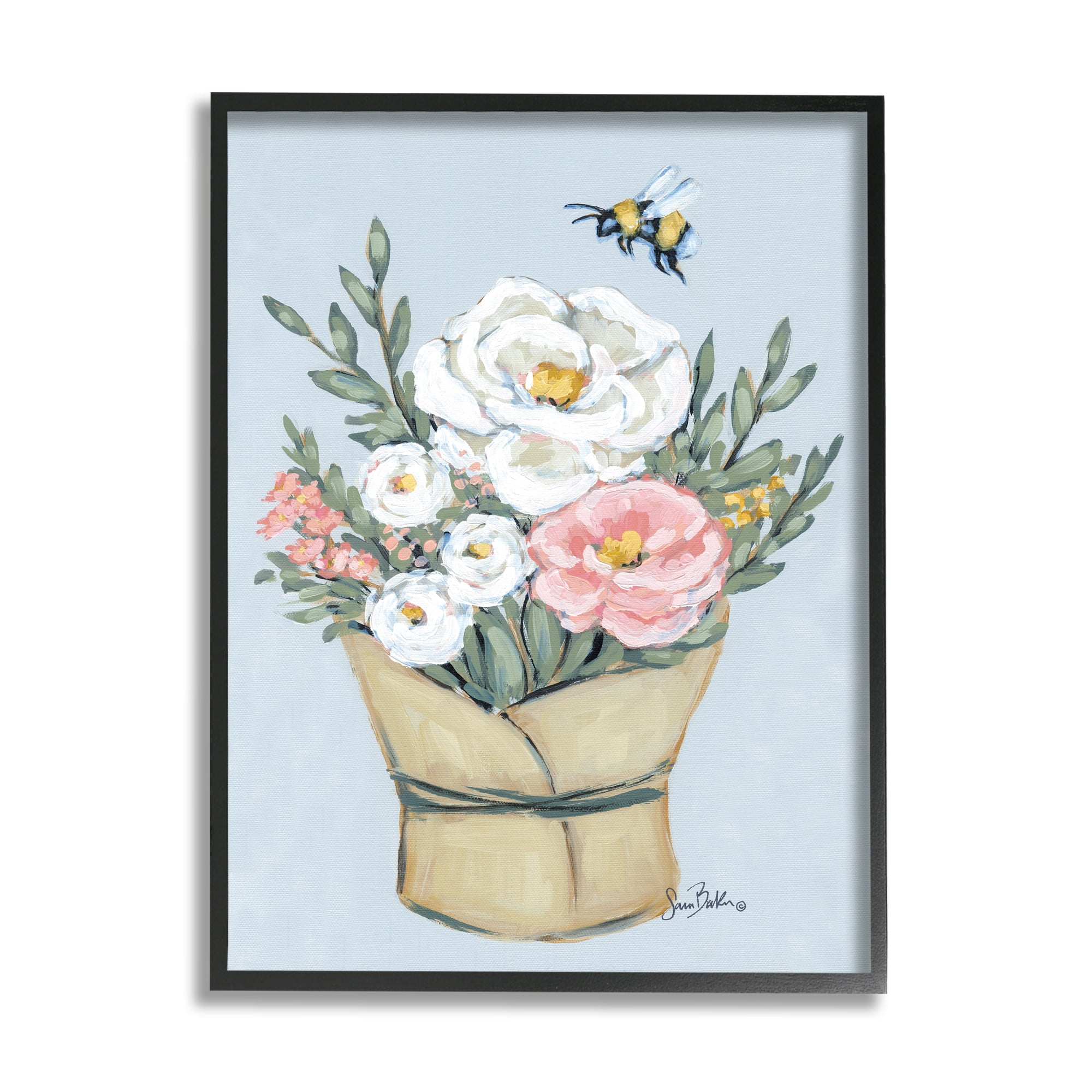 Stupell Industries Pink & White Bouquet Botanical & Floral Painting Black Framed Art Print Wall Art, 16 x 20