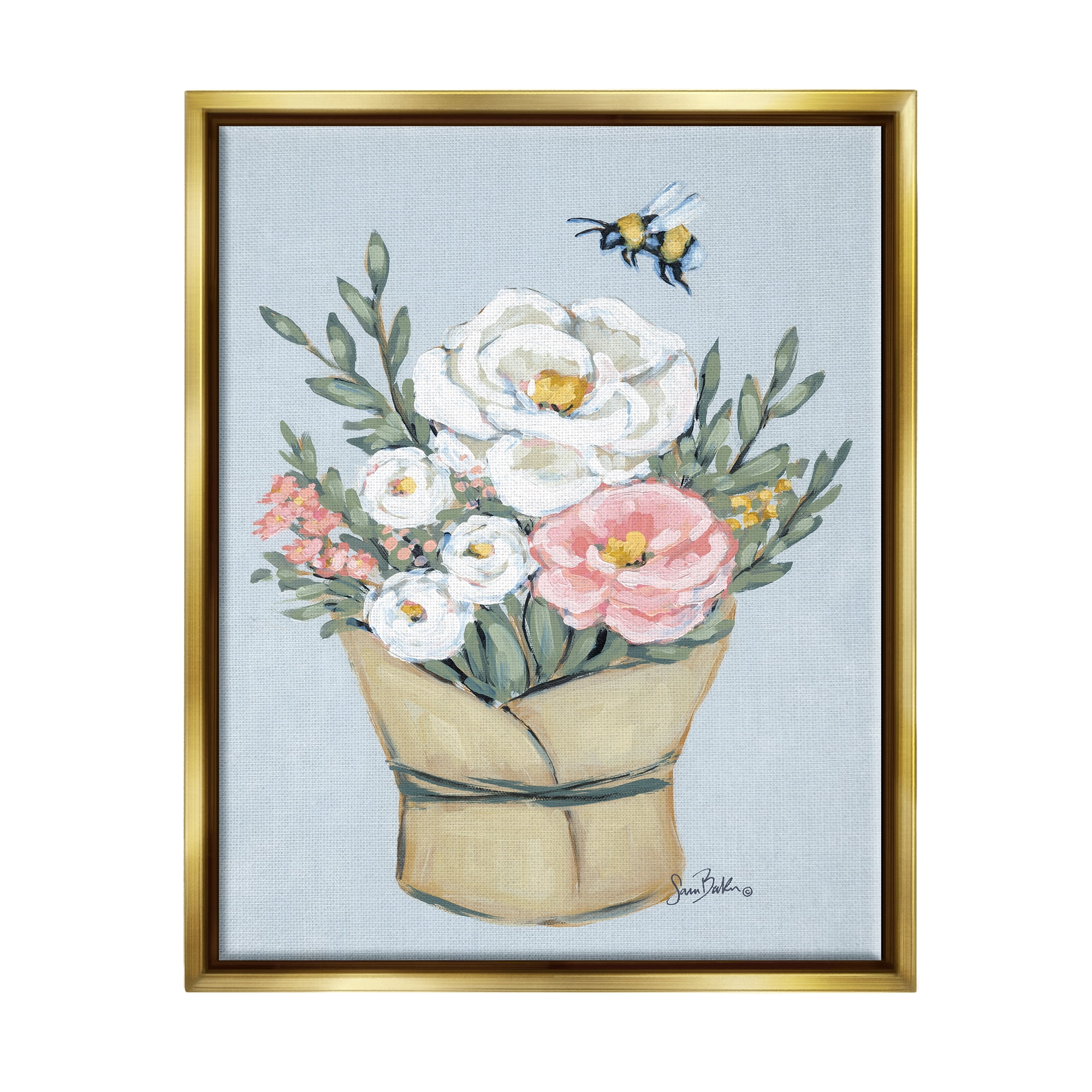 Stupell Industries Pink & White Bouquet Botanical & Floral Painting Gold Floater Framed Art Print Wall Art, 17 x 21