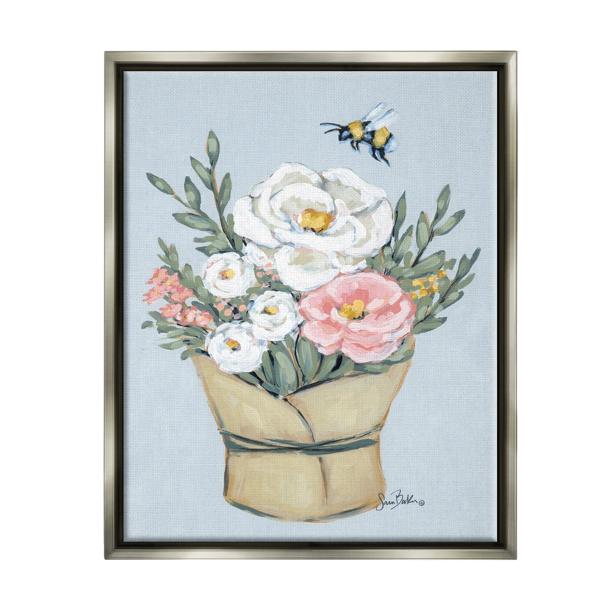 Stupell Industries Pink & White Bouquet Botanical & Floral Painting Gray Floater Framed Art Print Wall Art, 17 x 21
