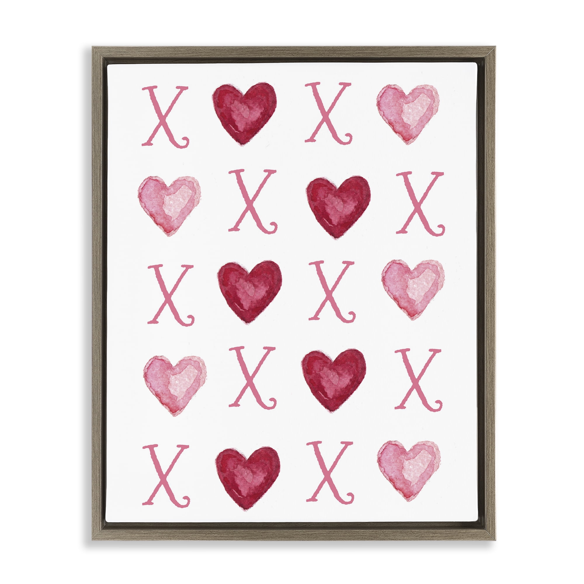 Stupell Industries Pink XOXO Hearts Holiday Painting Brown Floater Framed Art Print Wall Art, 25 x 31
