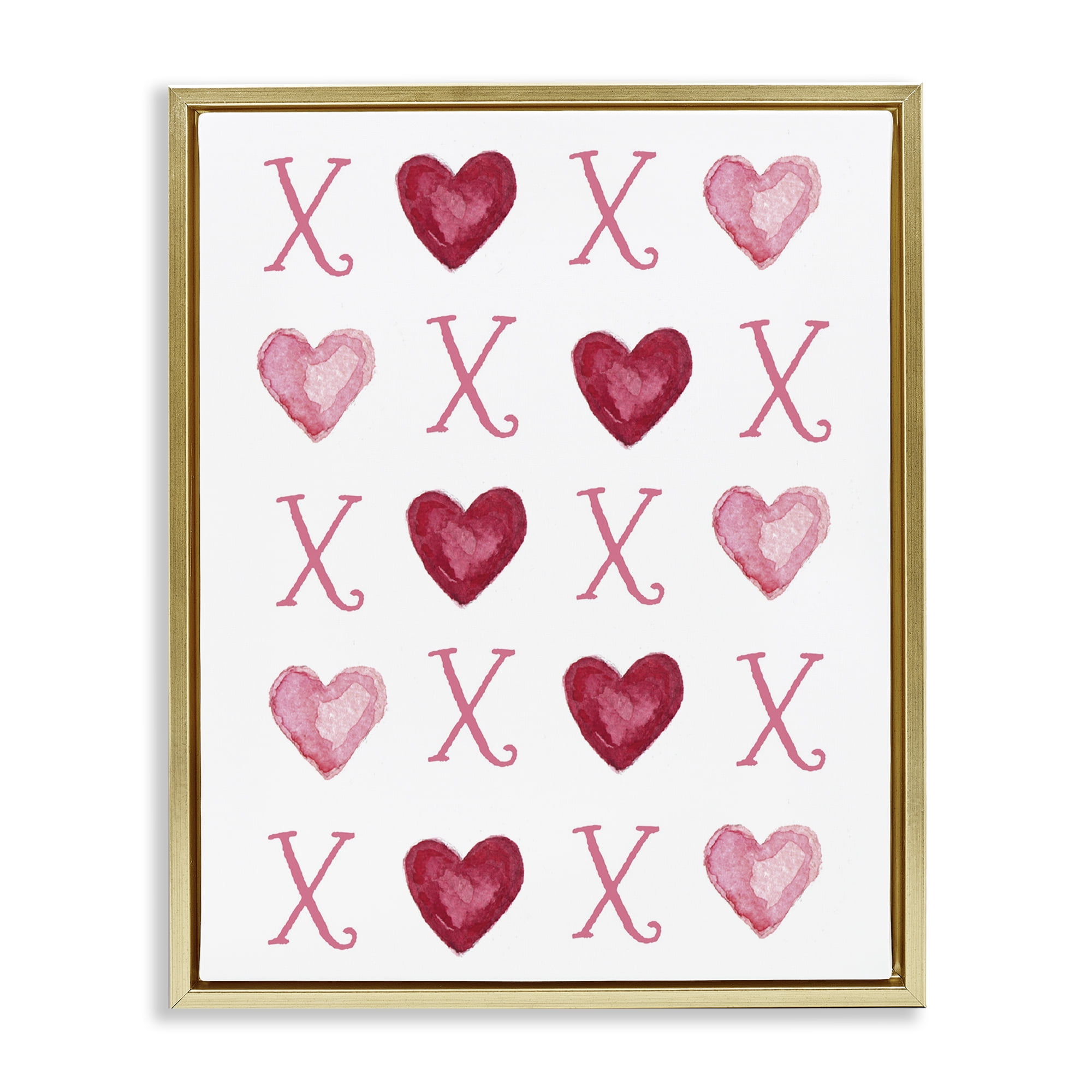 Stupell Industries Pink XOXO Hearts Holiday Painting Gold Floater Framed Art Print Wall Art, 17 x 21