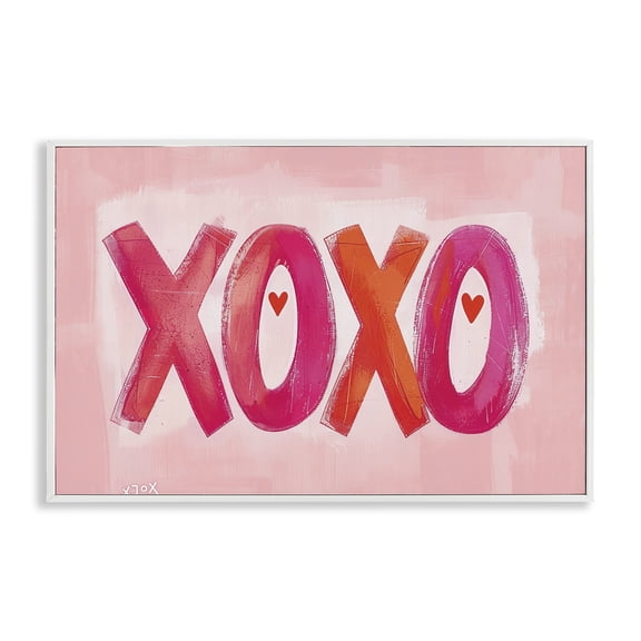 Stupell Industries Pink XOXO with Hearts Quotes and Sayings Painting White Framed Art Print Wall Art, 18 x 12