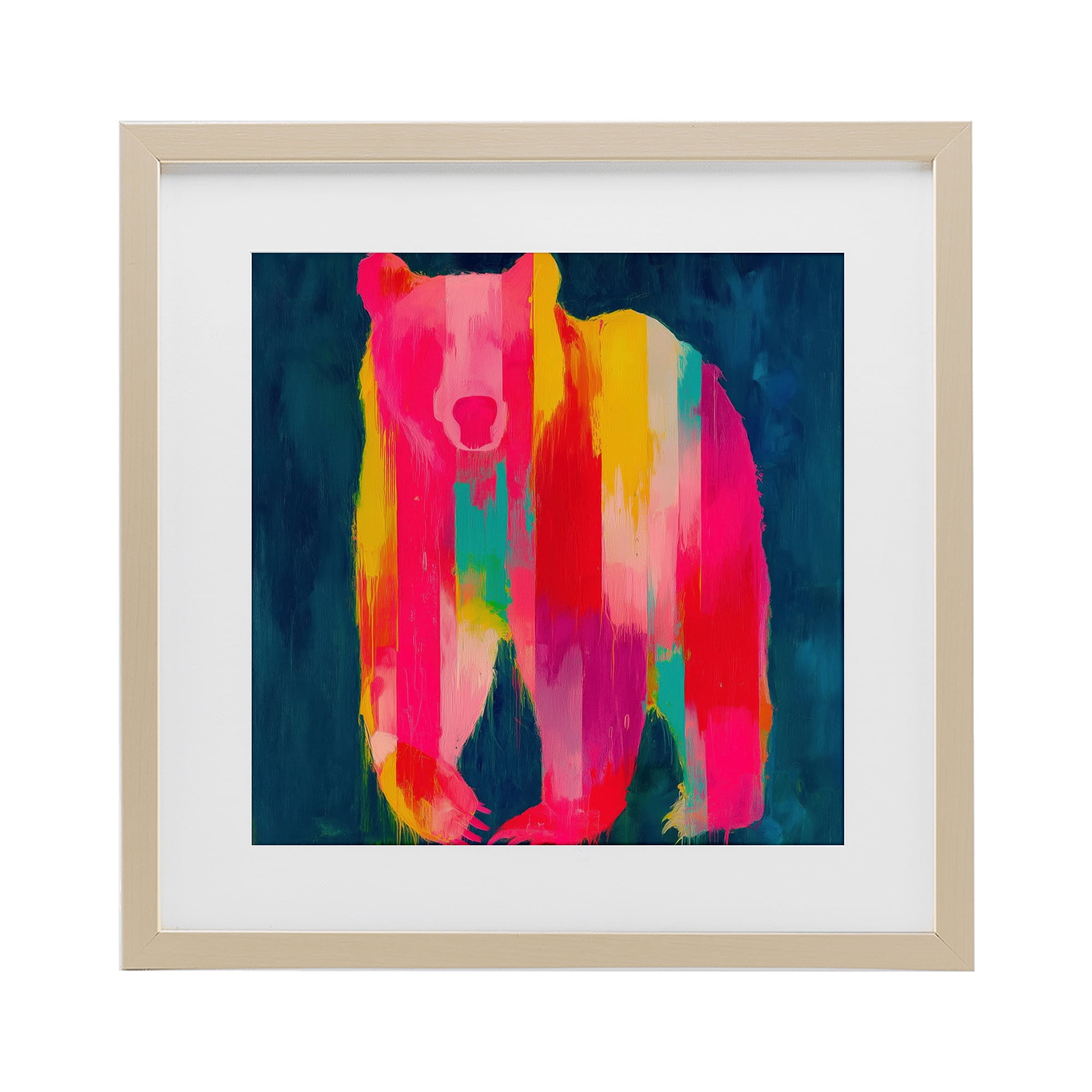 Stupell Industries Pink & Yellow Bear Standing Tall Birch Framed Print Under Glass, design by Chromatic Storm Studio