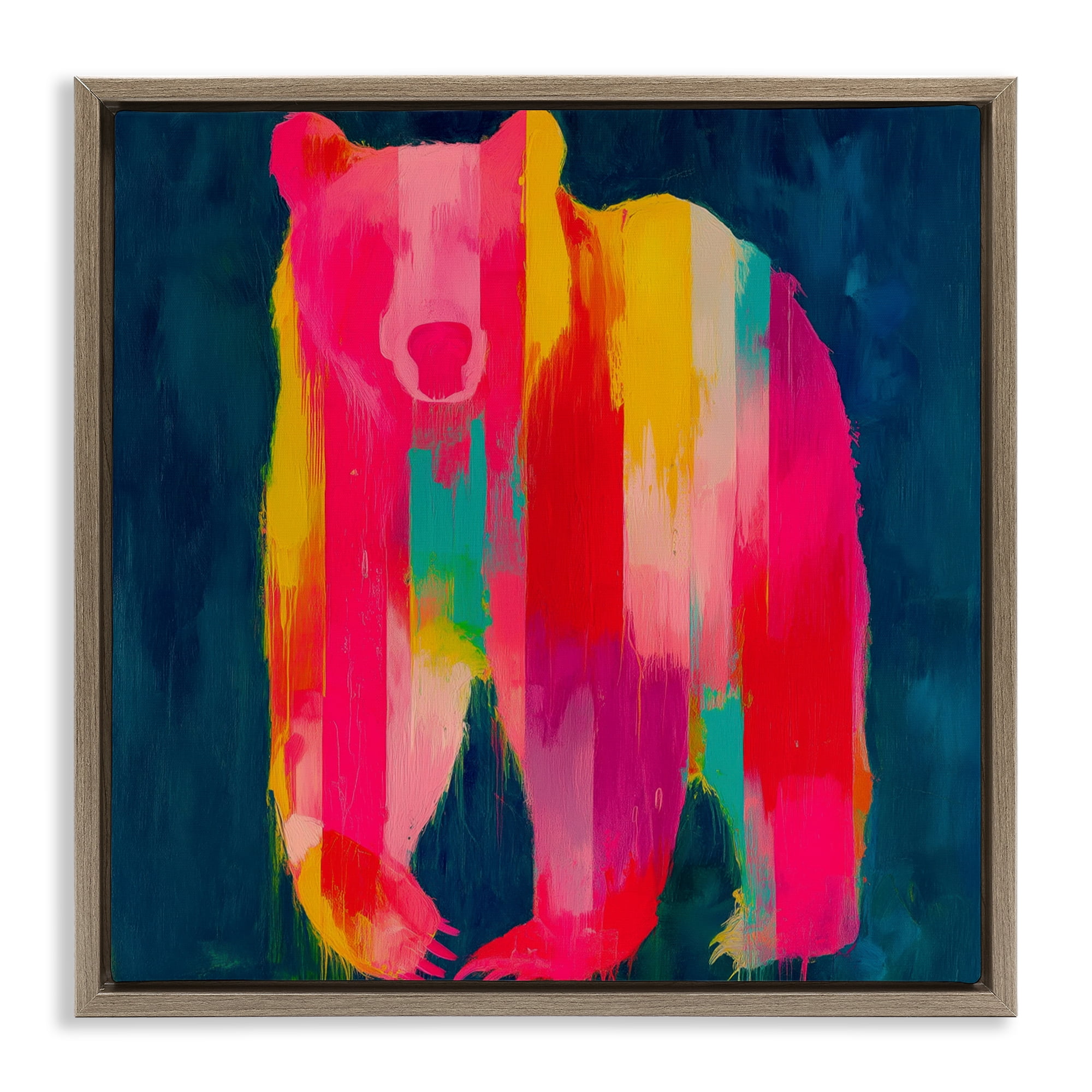 Stupell Industries Pink & Yellow Bear Standing Tall Brown Framed Floater Canvas Wall Art, design by Chromatic Storm Studio