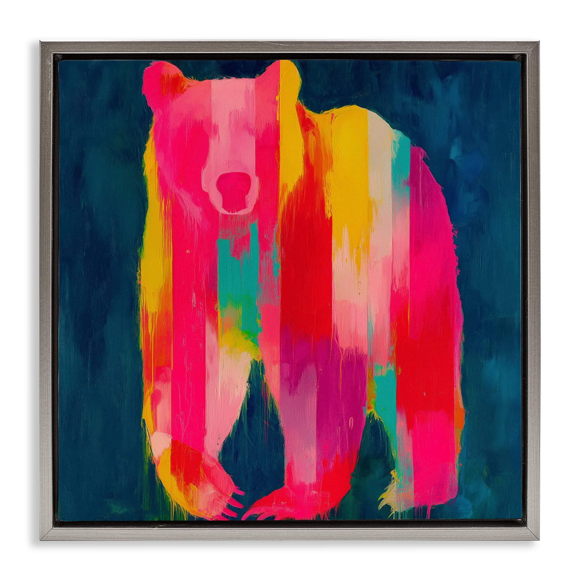 Stupell Industries Pink & Yellow Bear Standing Tall Gray Framed Floater Canvas Wall Art, design by Chromatic Storm Studio