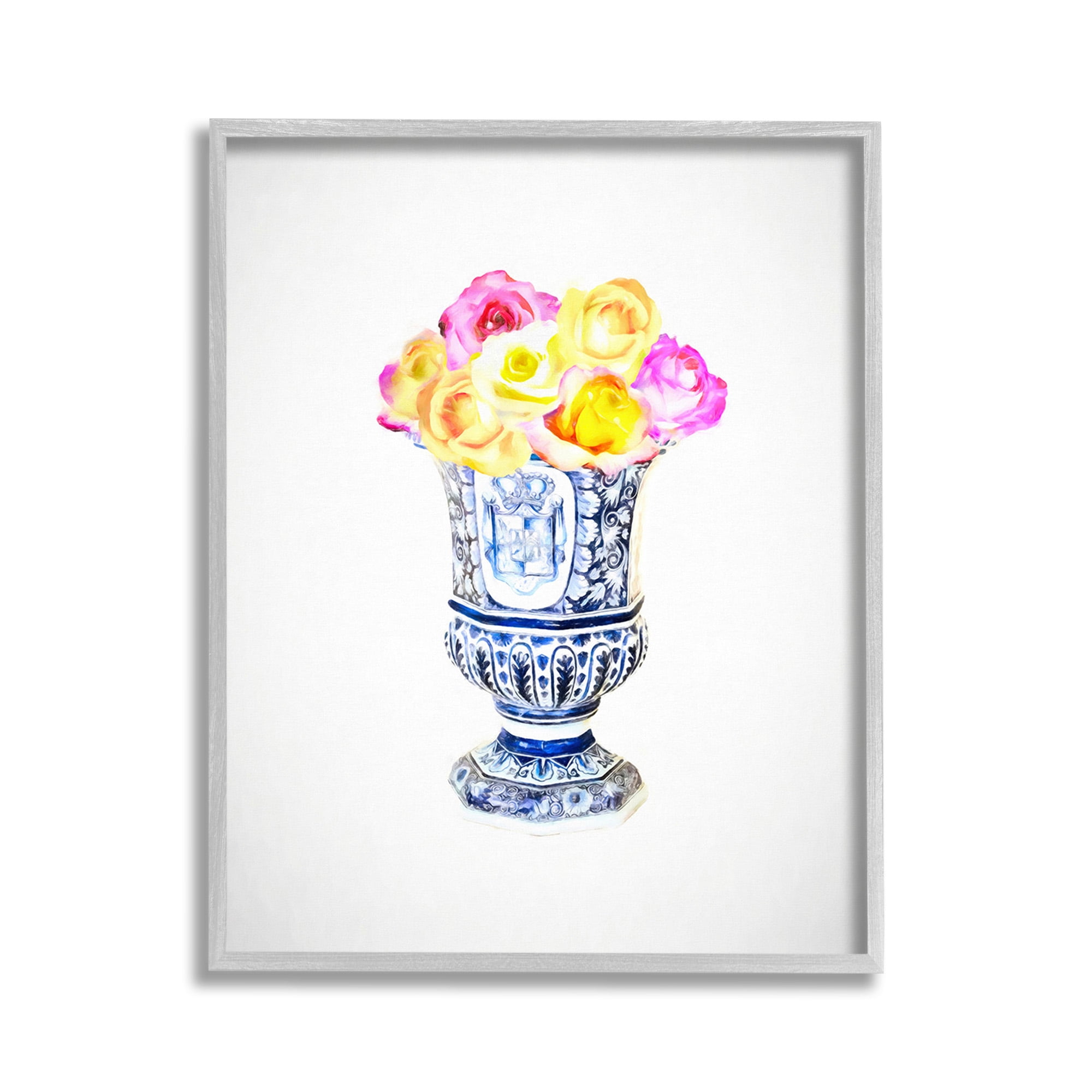 Stupell Industries Pink & Yellow Bouquet Botanical & Floral Painting Gray Framed Art Print Wall Art, 11 x 14