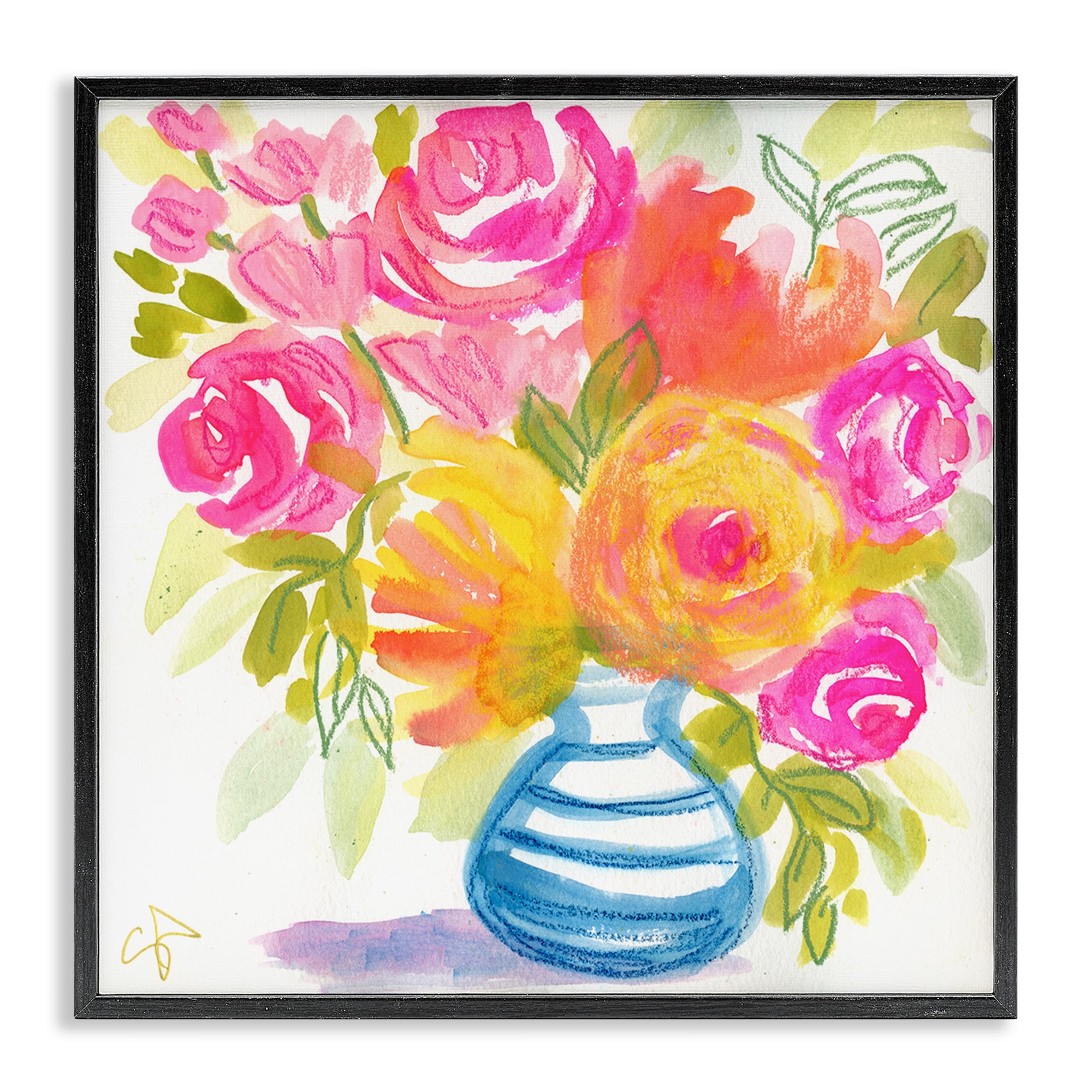 Stupell Industries Pink & Yellow Bouquet Plants & Flowers Painting Black Framed Art Print Wall Art, 24 x 24