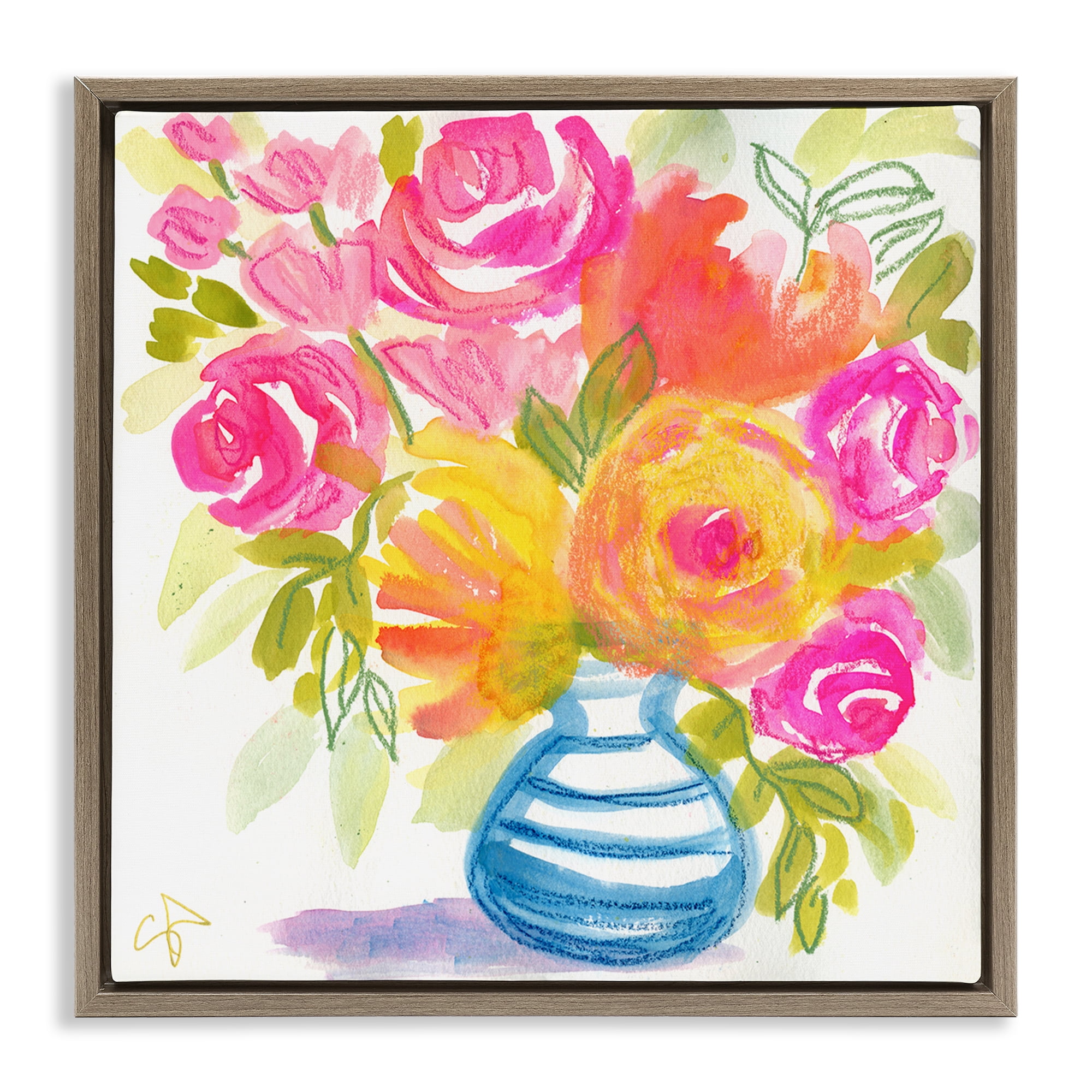 Stupell Industries Pink & Yellow Bouquet Plants & Flowers Painting Brown Floater Framed Canvas Art Print Wall Art, 18 x 18