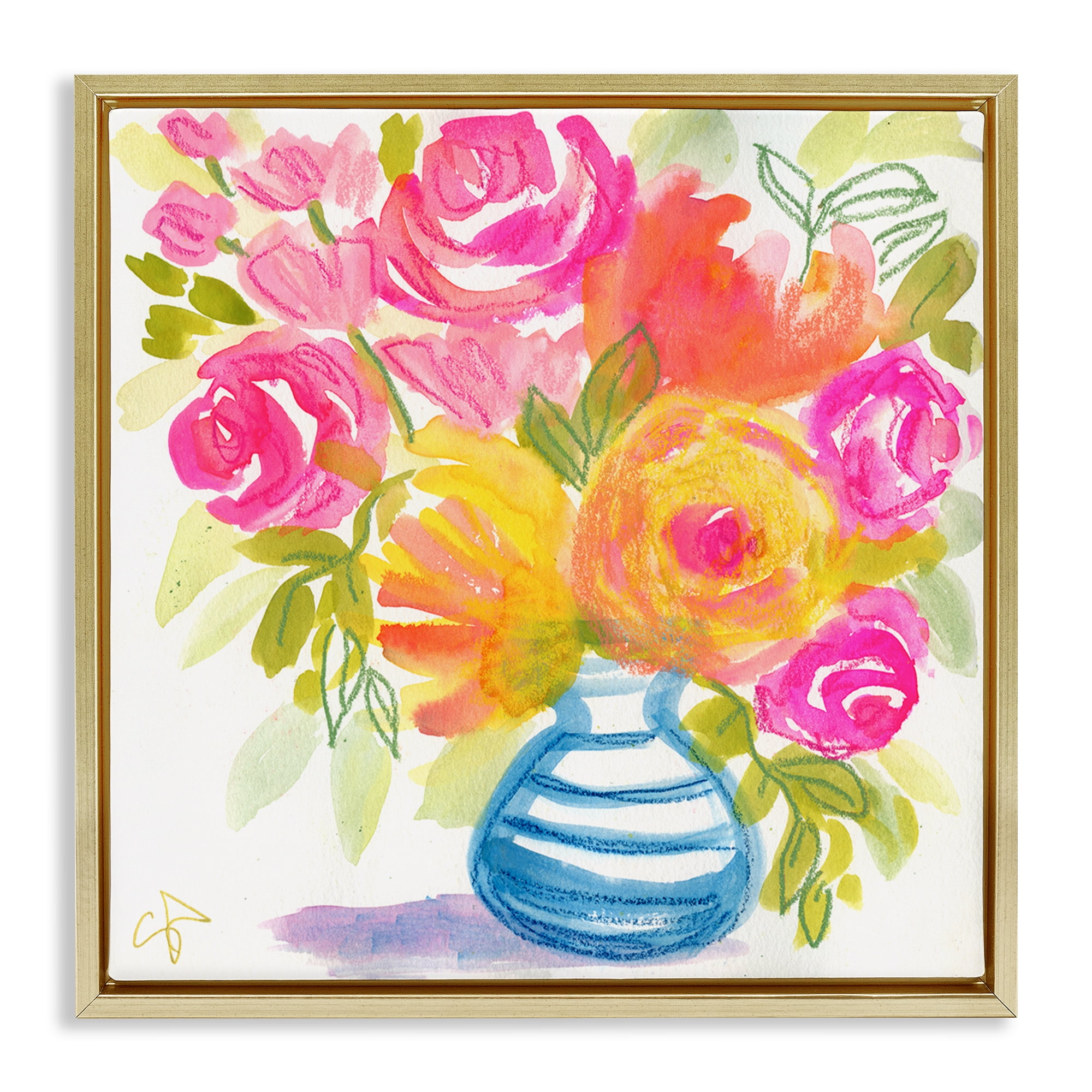 Stupell Industries Pink & Yellow Bouquet Plants & Flowers Painting Gold Floater Framed Canvas Art Print Wall Art, 25 x 25