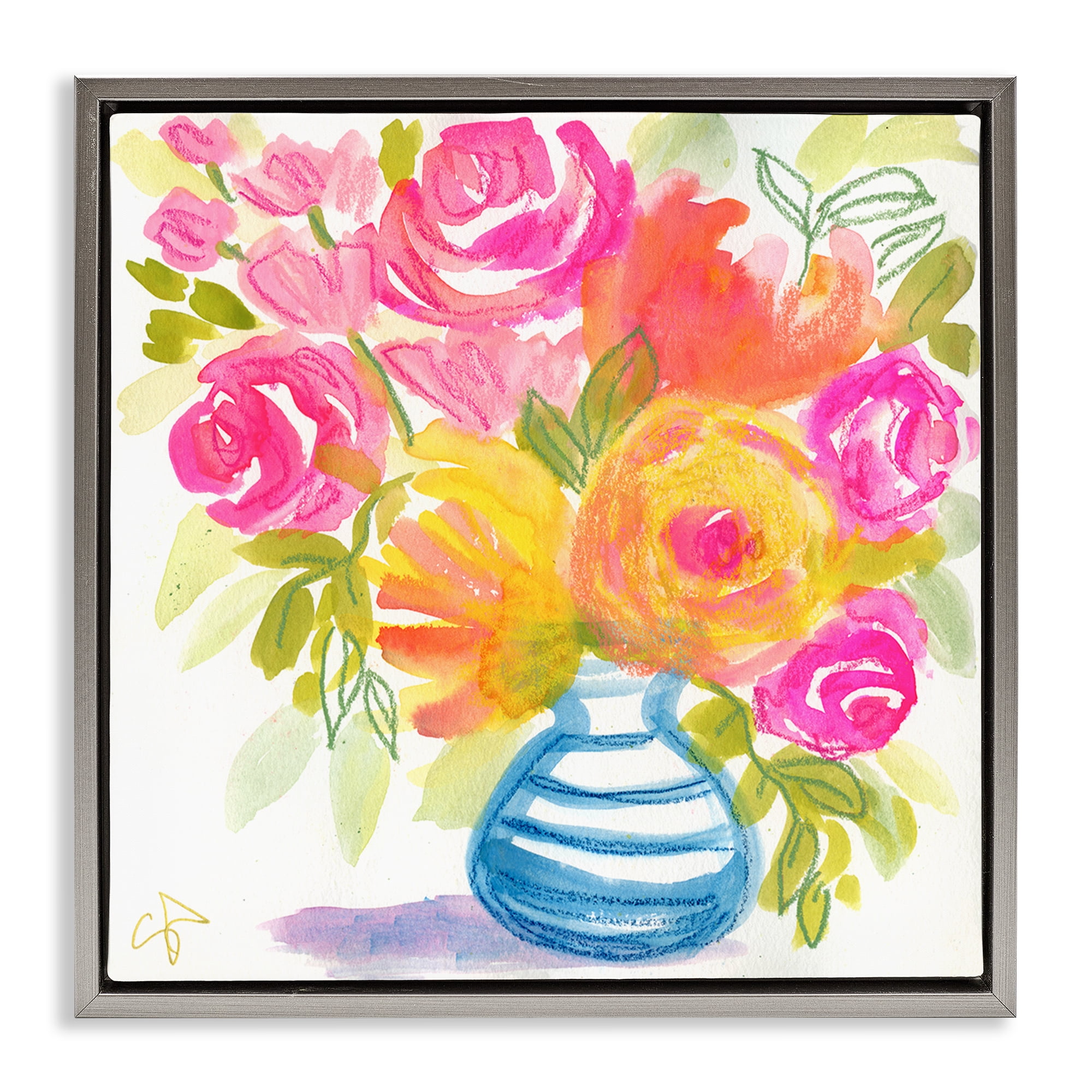 Stupell Industries Pink & Yellow Bouquet Plants & Flowers Painting Gray Floater Framed Canvas Art Print Wall Art, 18 x 18