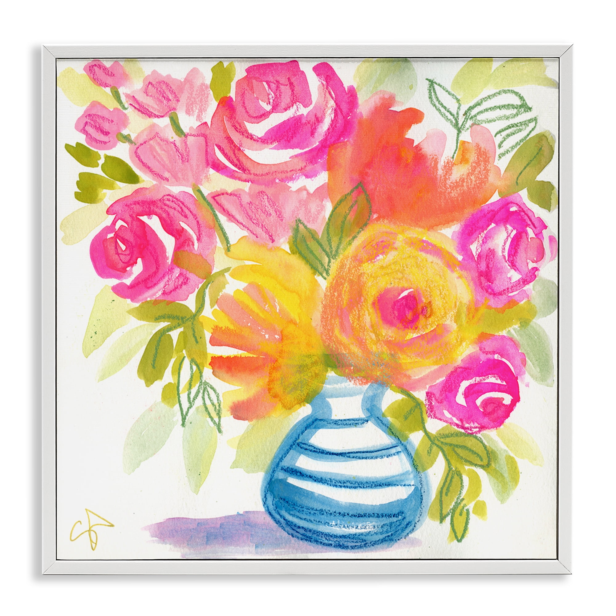 Stupell Industries Pink & Yellow Bouquet Plants & Flowers Painting White Framed Art Print Wall Art, 17 x 17