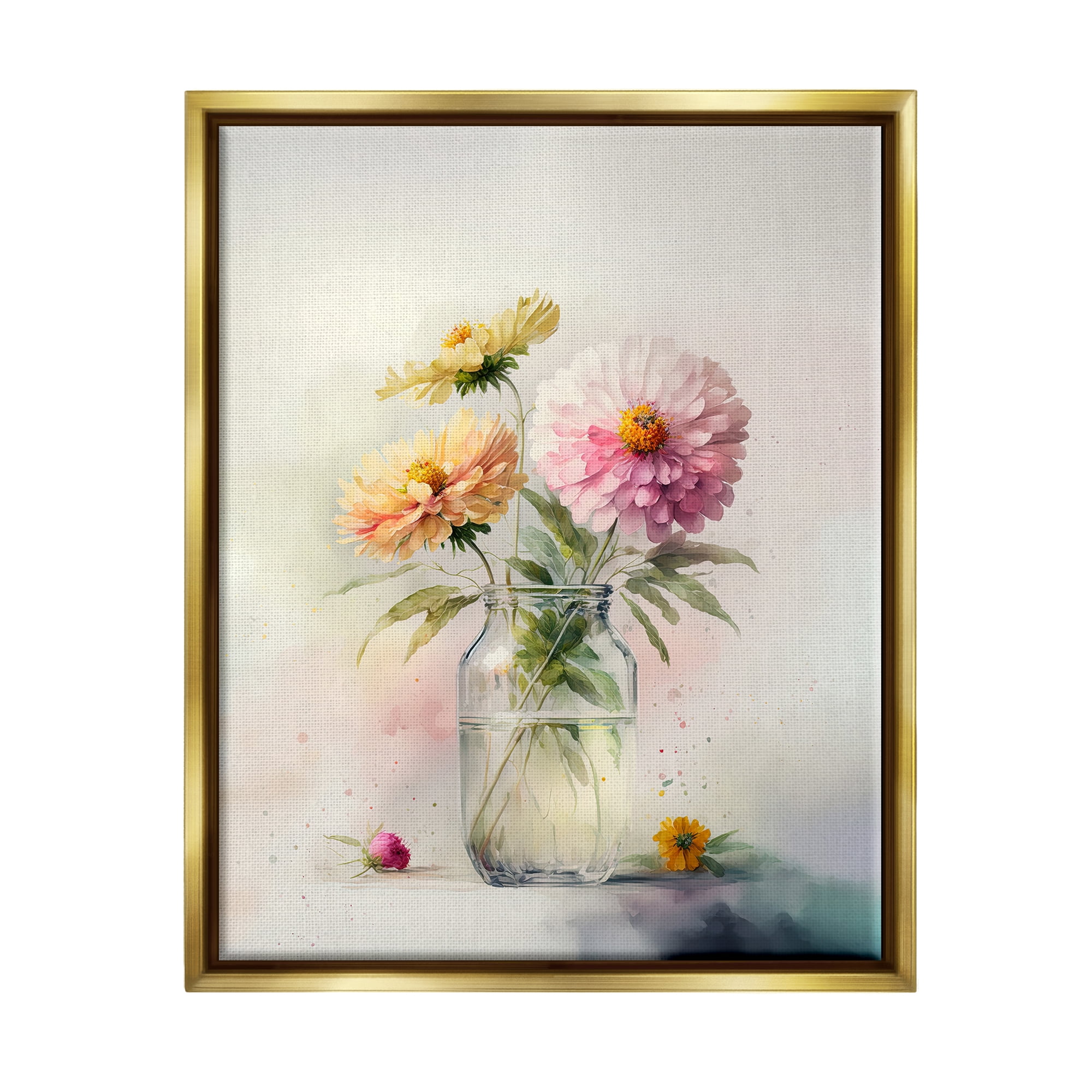 Stupell Industries Pink & Yellow Dahlias Botanical & Floral Painting Gold Floater Framed Canvas Art Print Wall Art, 17 x 21