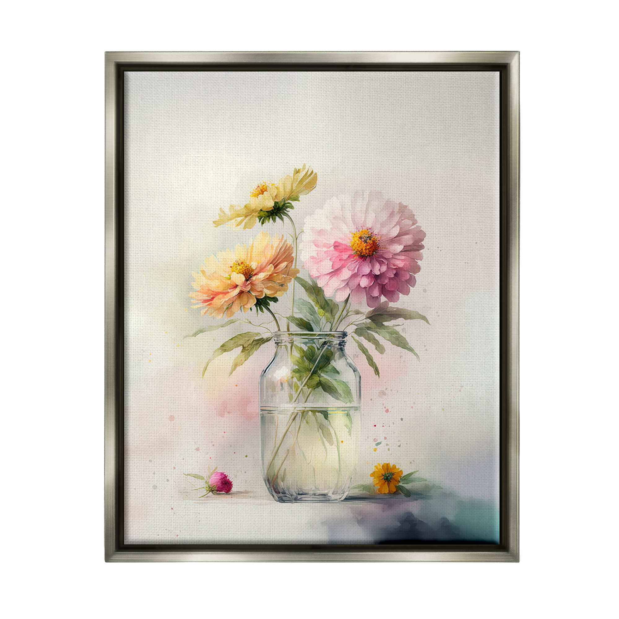 Stupell Industries Pink & Yellow Dahlias Botanical & Floral Painting Gray Floater Framed Canvas Art Print Wall Art, 17 x 21