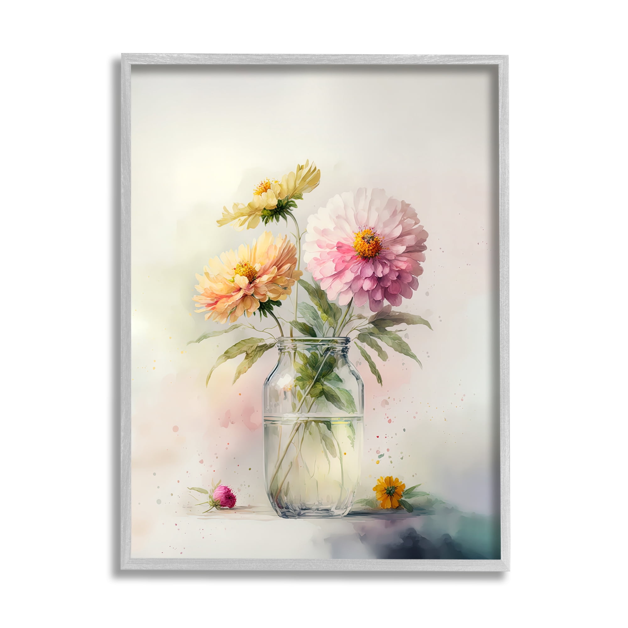 Stupell Industries Pink & Yellow Dahlias Botanical & Floral Painting Gray Framed Art Print Wall Art, 24 x 30
