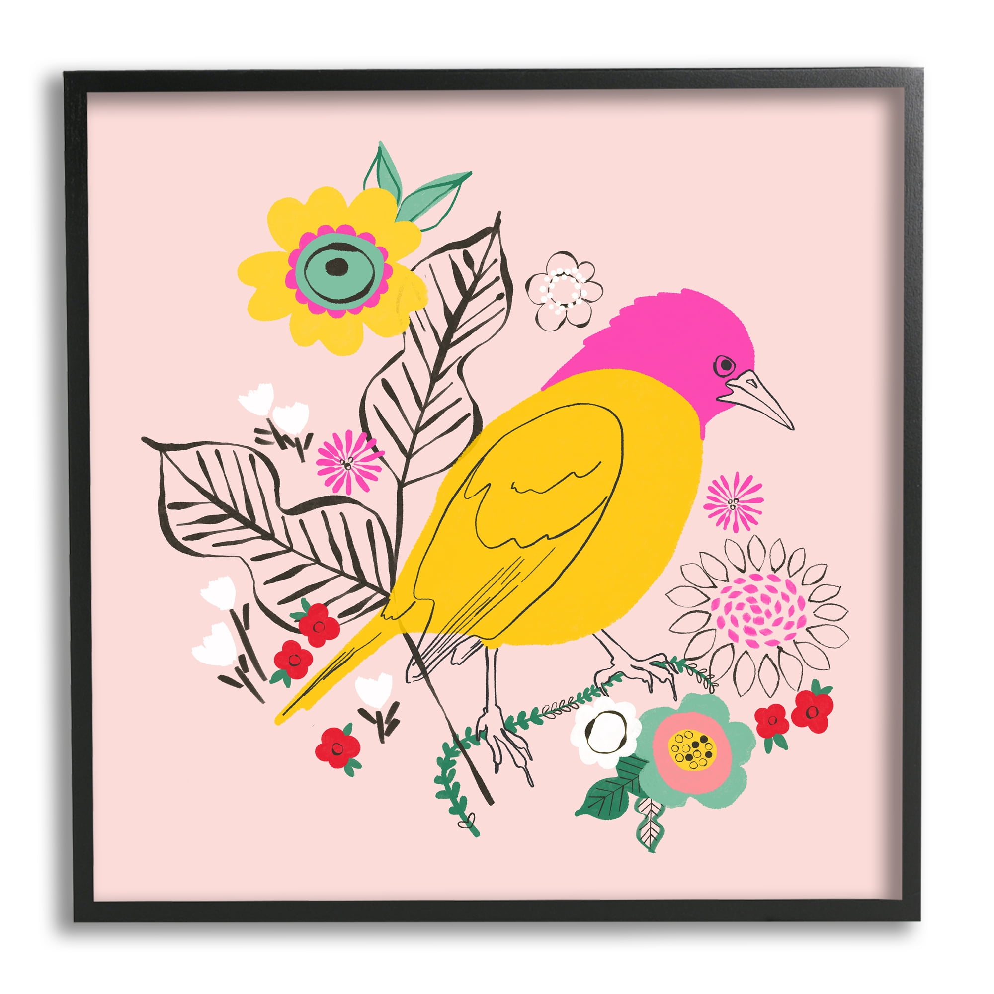 Stupell Industries Pink & Yellow Floral Bird Animals & Insects Painting Black Framed Art Print Wall Art, 12 x 12