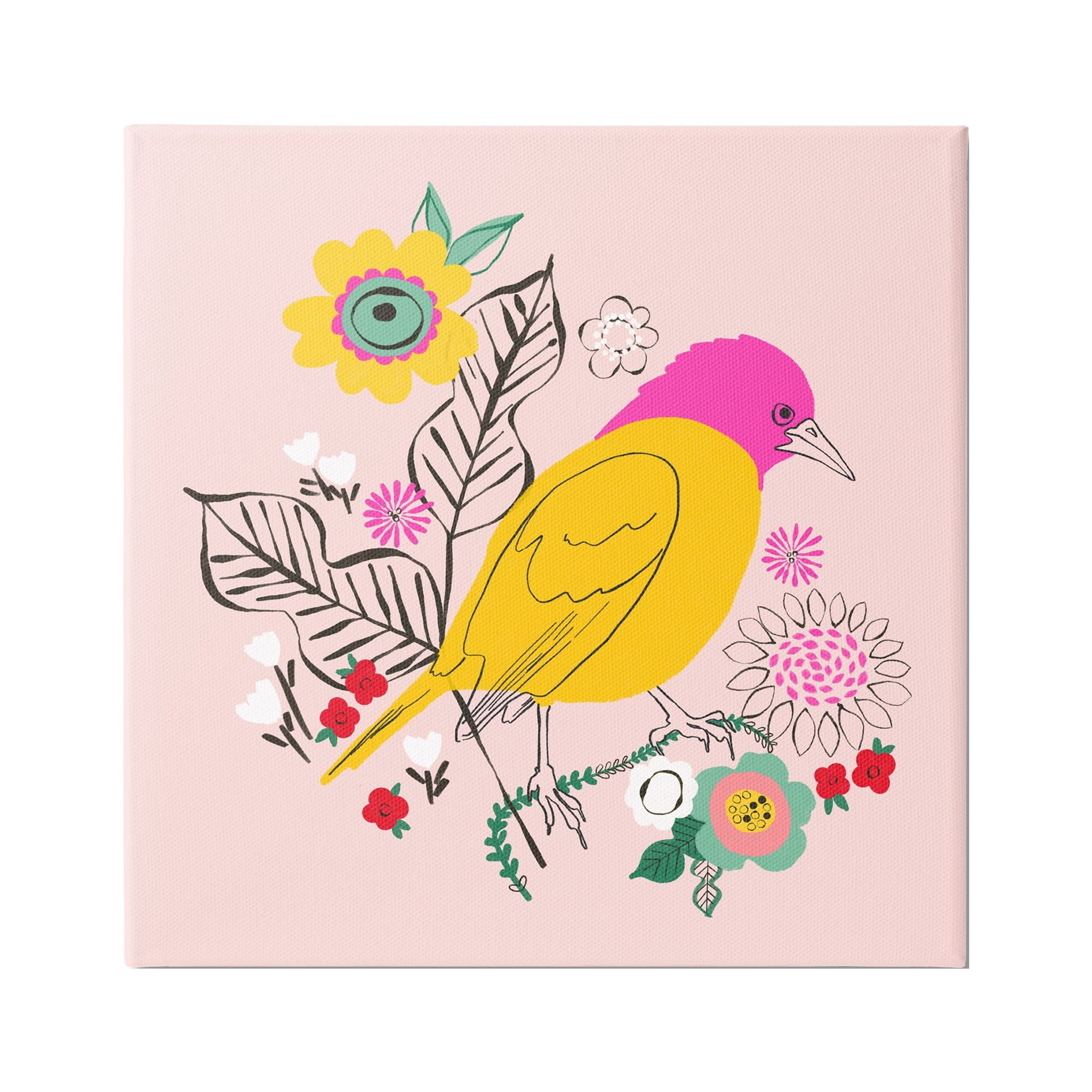 Stupell Industries Pink & Yellow Floral Bird Animals & Insects Painting Gallery Wrapped Canvas Art Print Wall Art, 30 x 30