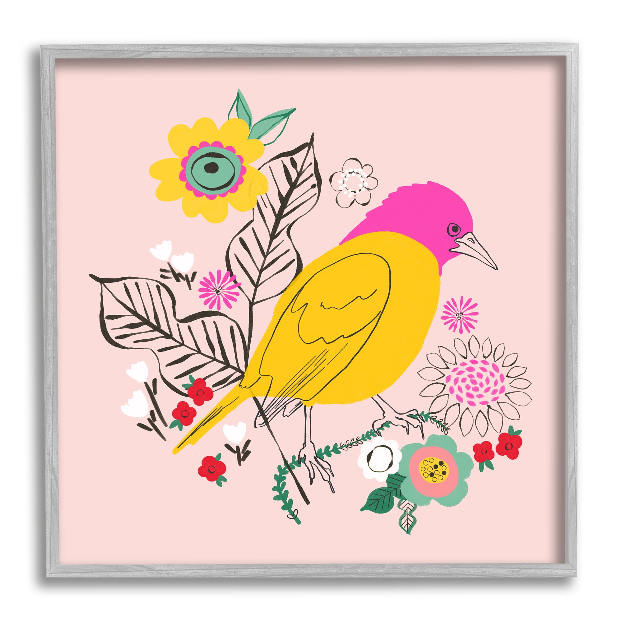 Stupell Industries Pink & Yellow Floral Bird Animals & Insects Painting Gray Framed Art Print Wall Art, 17 x 17