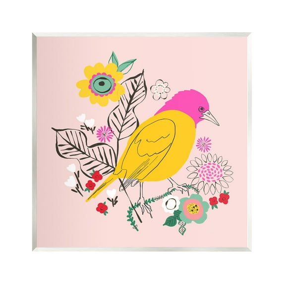 Stupell Industries Pink & Yellow Floral Bird Animals & Insects Painting Unframed Art Print Wall Art, 12 x 12