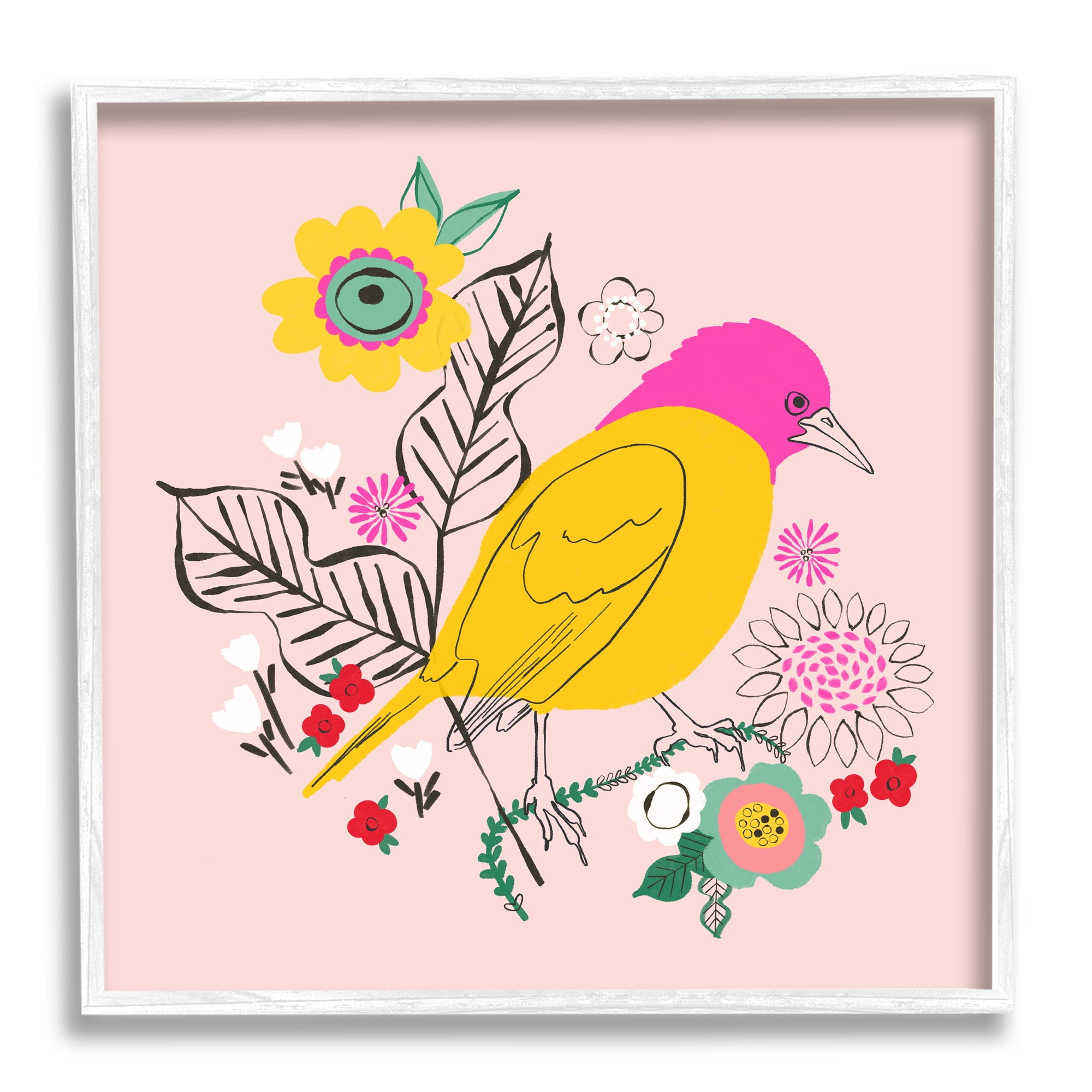 Stupell Industries Pink & Yellow Floral Bird Animals & Insects Painting White Framed Art Print Wall Art, 12 x 12