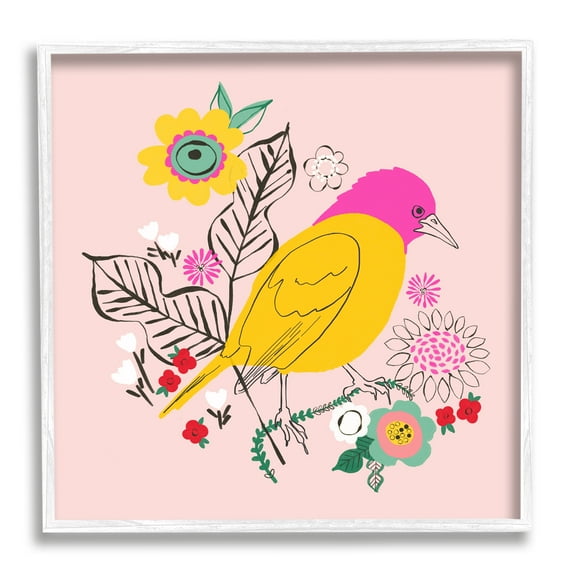 Stupell Industries Pink & Yellow Floral Bird Animals & Insects Painting White Framed Art Print Wall Art, 17 x 17