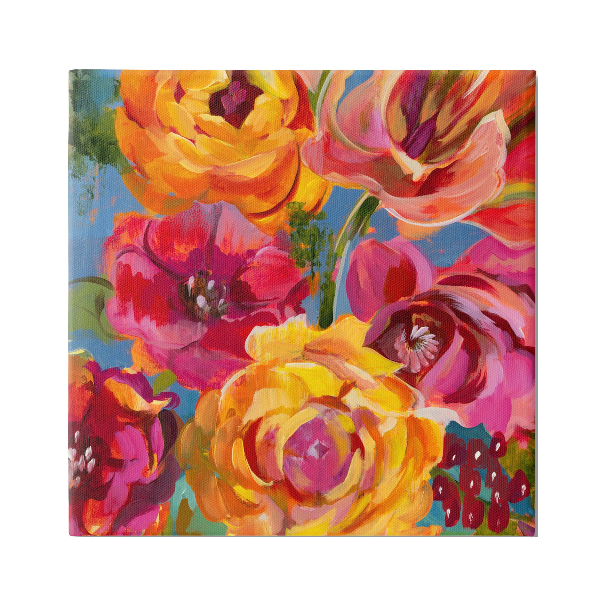 Stupell Industries Pink & Yellow Florals Botanical & Floral Painting Gallery Wrapped Canvas Print Wall Art, 17 x 17