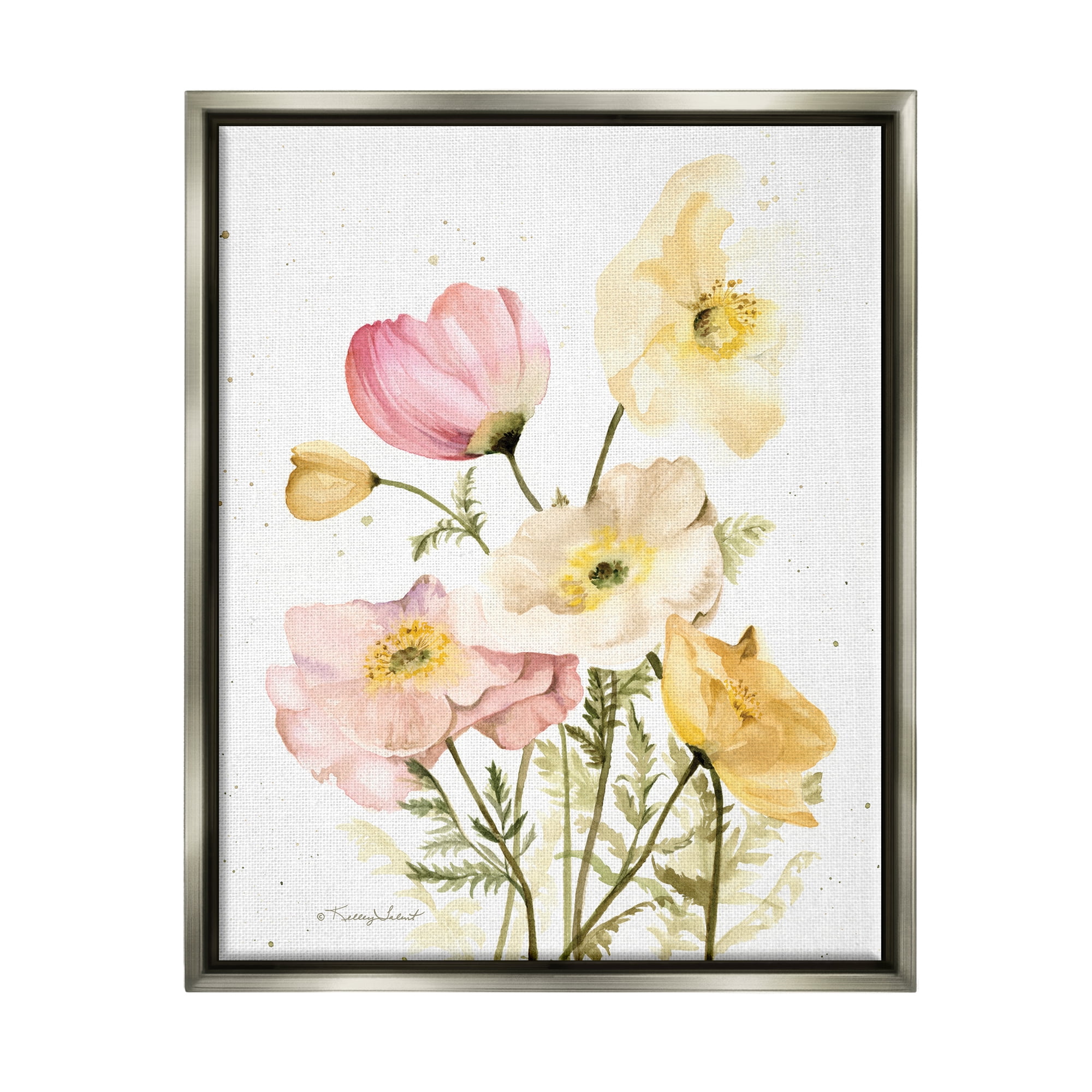 Stupell Industries Pink & Yellow Florals Botanical & Floral Painting Gray Floater Framed Canvas Art Print Wall Art, 17 x 21
