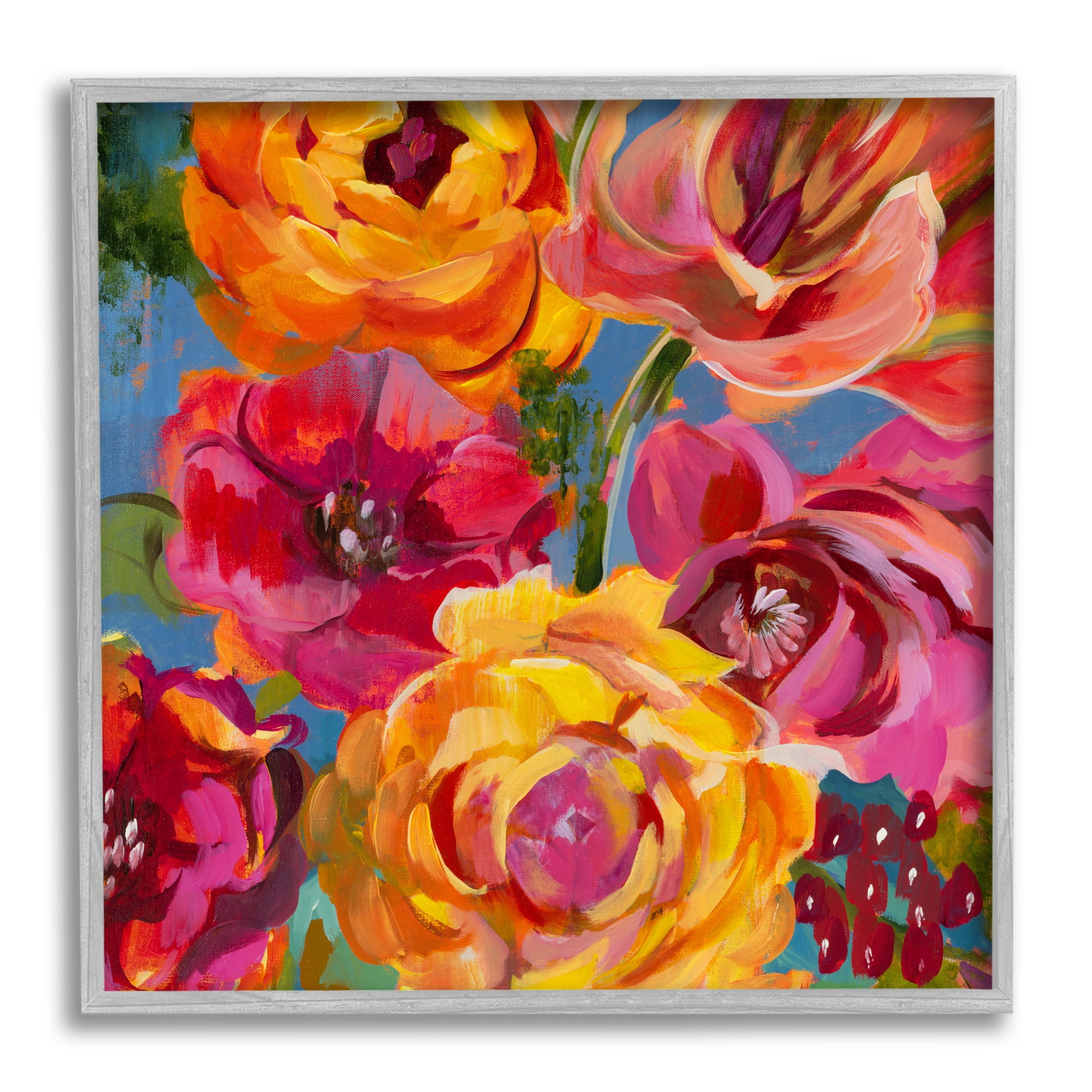 Stupell Industries Pink & Yellow Florals Botanical & Floral Painting Gray Framed Art Print Wall Art, 12 x 12