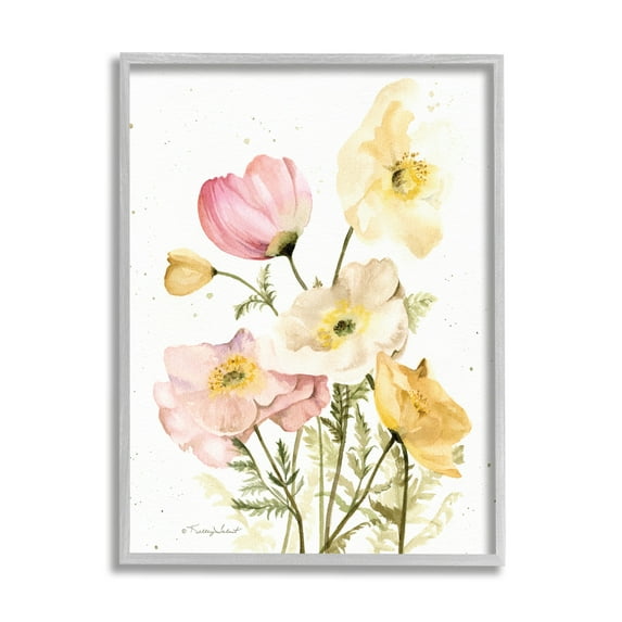 Stupell Industries Pink & Yellow Florals Botanical & Floral Painting Gray Framed Art Print Wall Art, 16 x 20