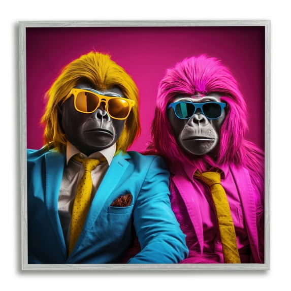 Stupell Industries Pink & Yellow Gorillas Animals & Insects Painting Gray Framed Art Print Wall Art, 24 x 24