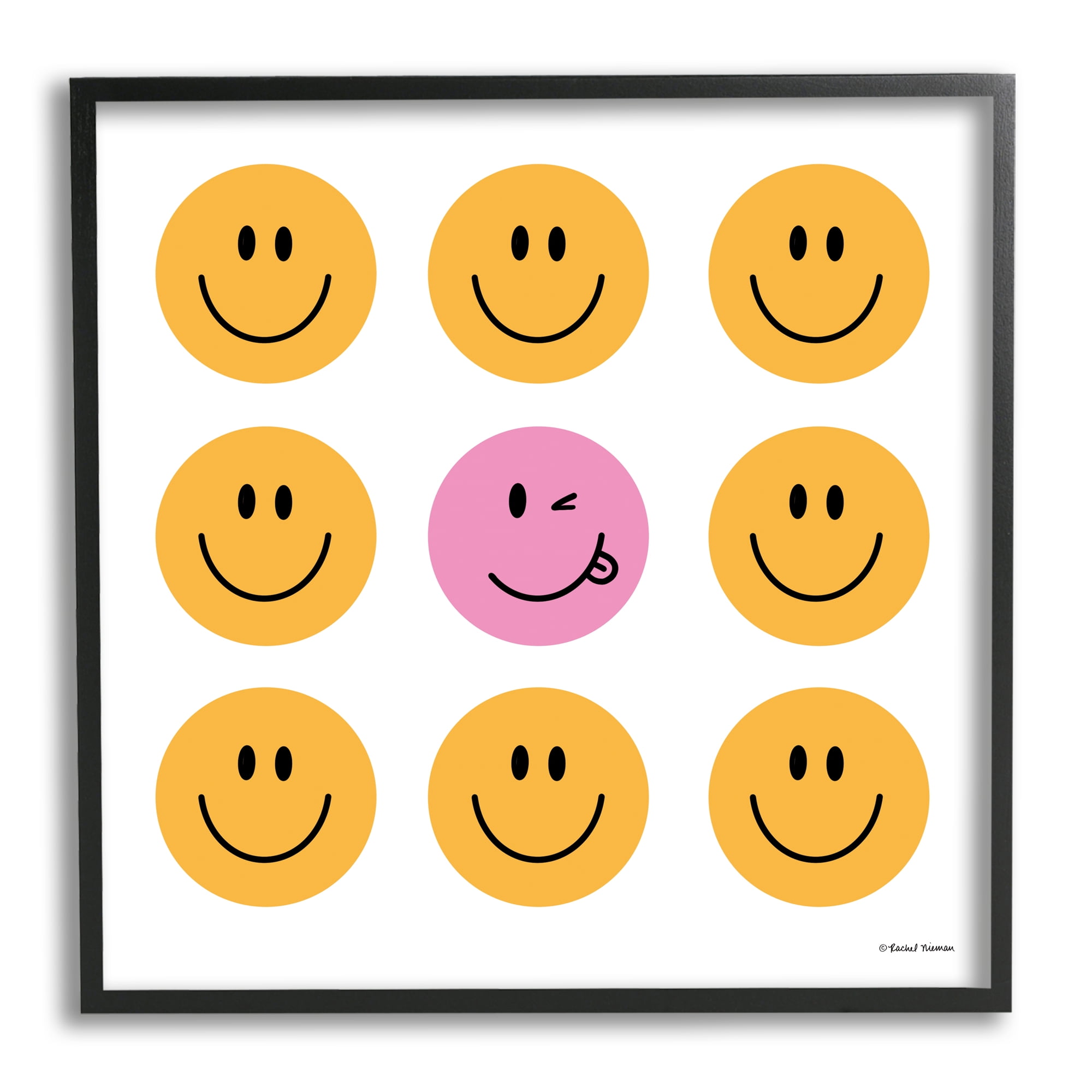 Stupell Industries Pink & Yellow Smiley Faces Art for Kids Painting Black Framed Art Print Wall Art, 17 x 17