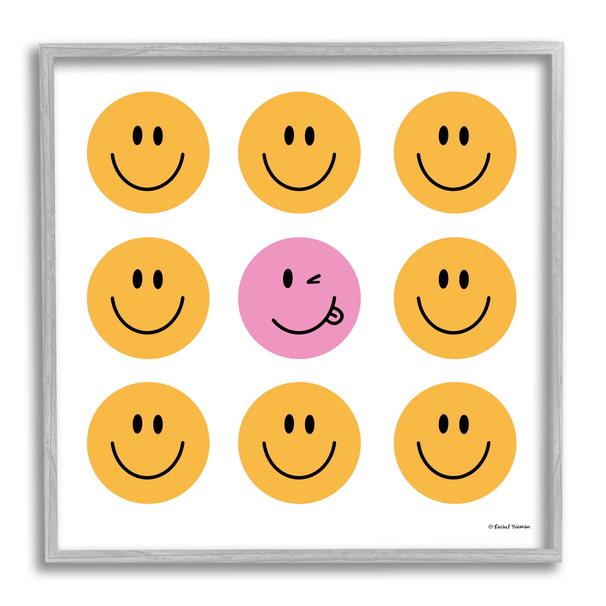 Stupell Industries Pink & Yellow Smiley Faces Art for Kids Painting Gray Framed Art Print Wall Art, 17 x 17