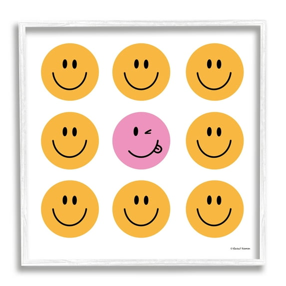 Stupell Industries Pink & Yellow Smiley Faces Art for Kids Painting White Framed Art Print Wall Art, 12 x 12