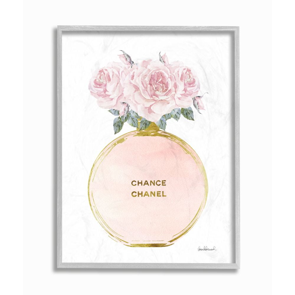 Pink and Gold Perfume Bottle with Roses Framed Wall Art
