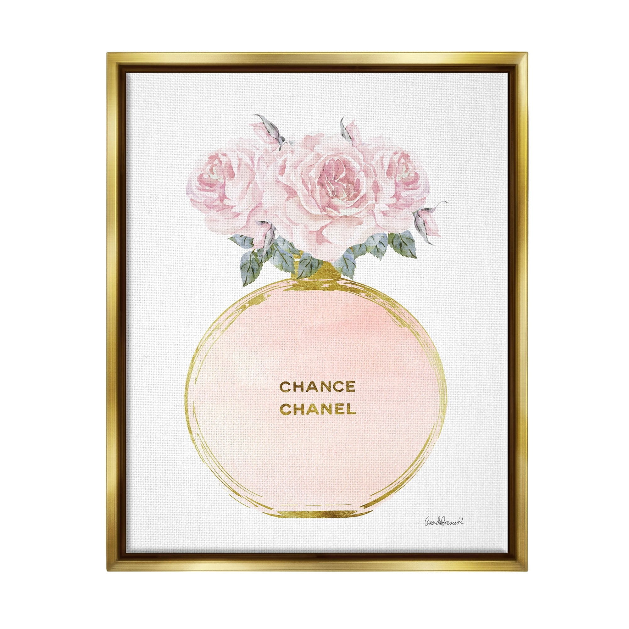 Stupell Industries Pink and Gold Round Perfume Bottle with Roses Metallic Gold Framed Floating Canvas Wall Art, 16x20, by Amanda Greenwood
