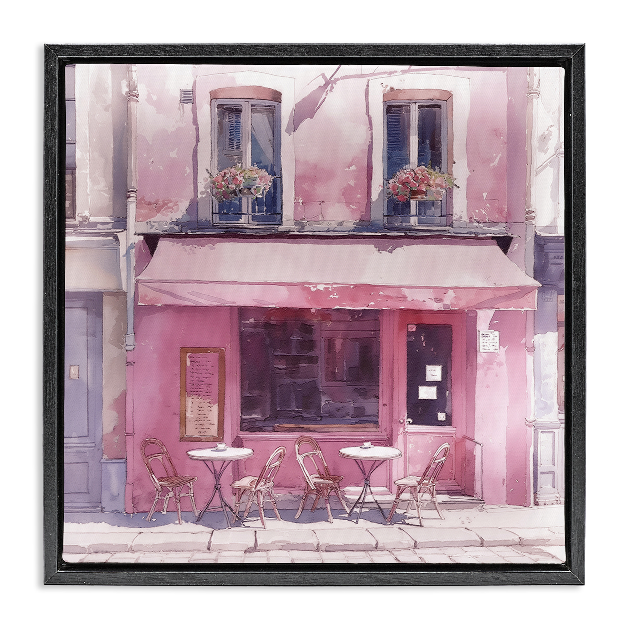 Stupell Industries Pinkish Delight Café Buildings & Architecture Painting Black Floater Framed Canvas Art Print Wall Art, 25 x 25