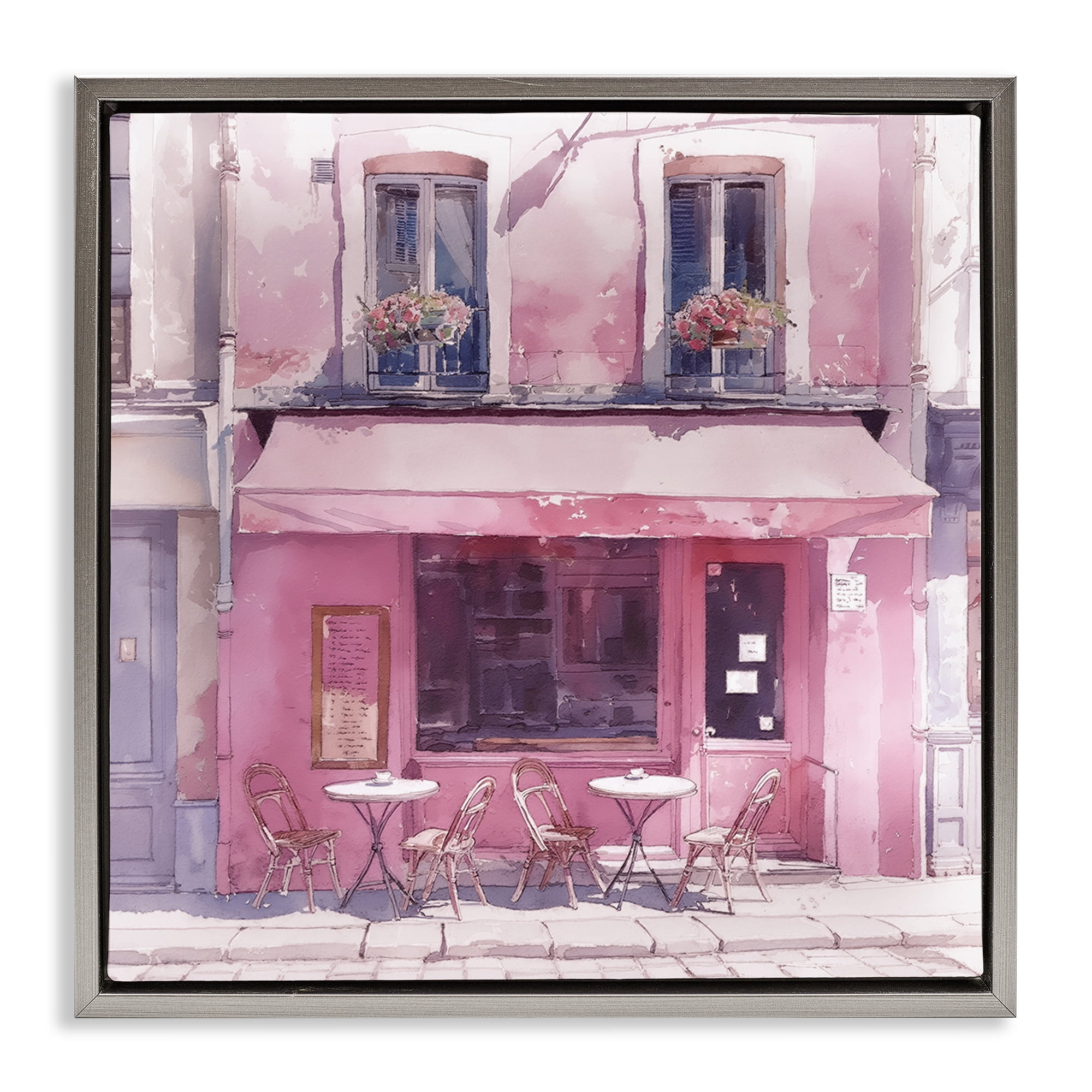 Stupell Industries Pinkish Delight Café Buildings & Architecture Painting Gray Floater Framed Canvas Art Print Wall Art, 25 x 25
