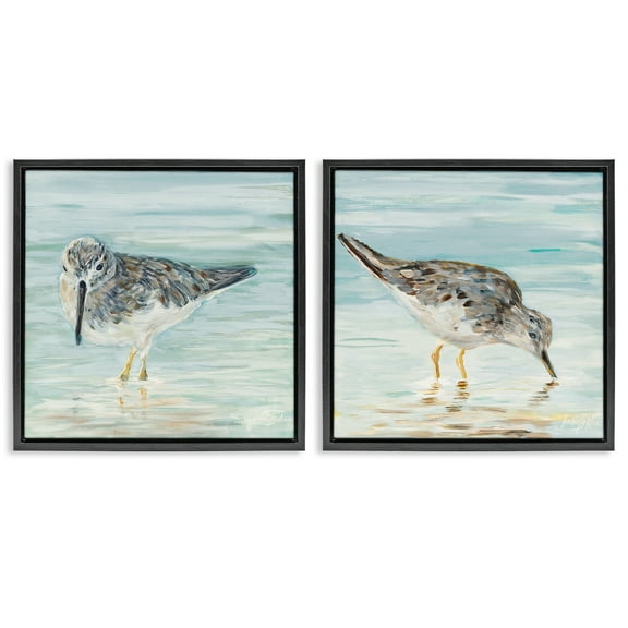 Stupell Industries Piping Plover Shoreline Birds Animals Painting Black Floater Framed Canvas Art Print Wall Art, 18 x 18, Set of 2